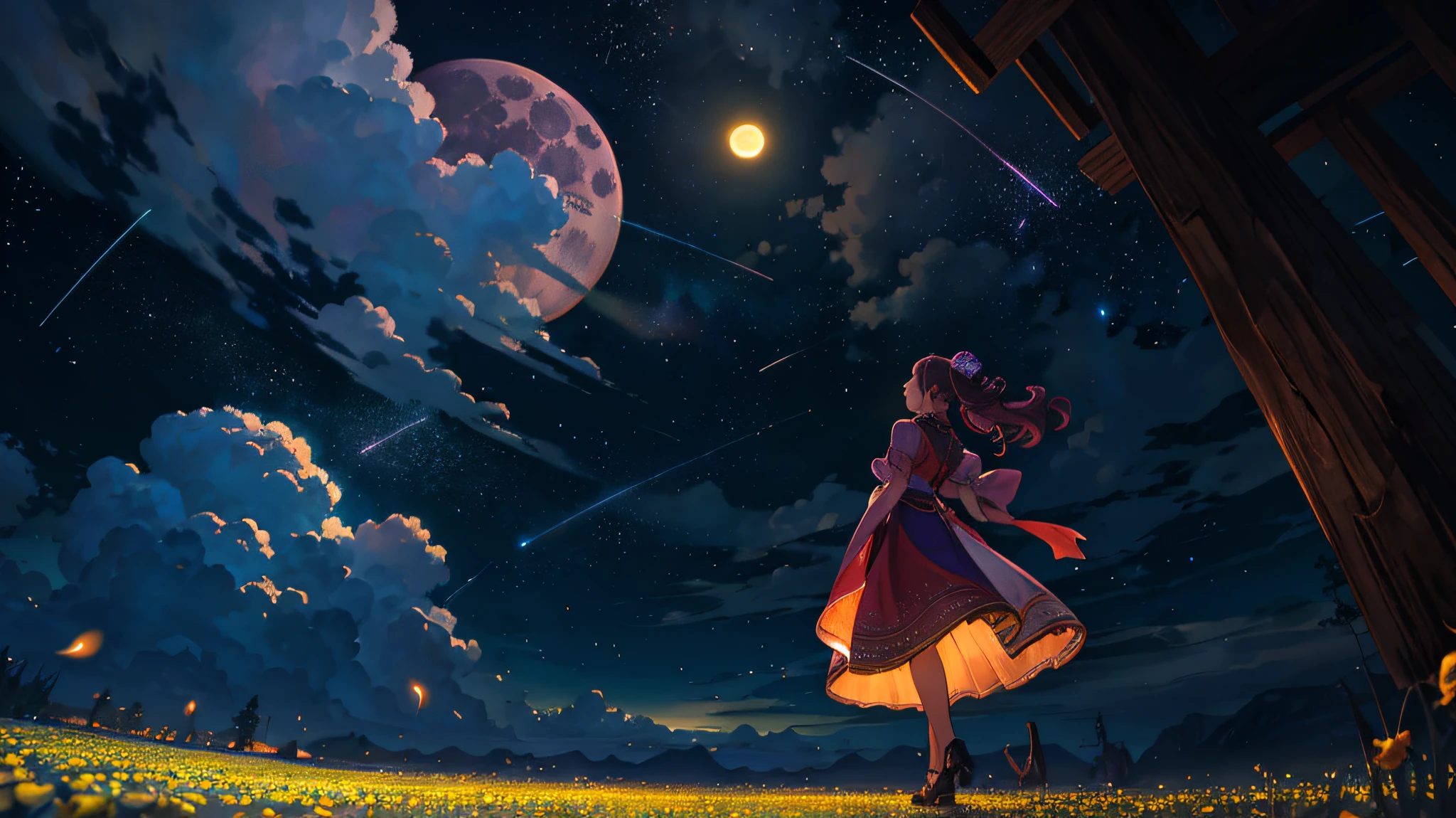 A wide landscape photo, (viewed from below, the sky is above, and the open field is below), a girl standing on a flower field looking up, (full moon: 1.2), (meteor: 0.9), (nebula: 1.3), distant mountains , Trees BREAK Crafting Art, (Warm Light: 1.2), (Firefly: 1.2), Lights, Lots of Purple and Orange, Intricate Details, Volumetric Lighting BREAK (Masterpiece: 1.2), (Best Quality), 4k, Ultra Detailed, (Dynamic Composition: 1.4), Rich in Detail and Color, (Rainbow Color: 1.2), (Glow, Atmospheric Lighting), Dreamy, Magical, (Solo: 1.2)