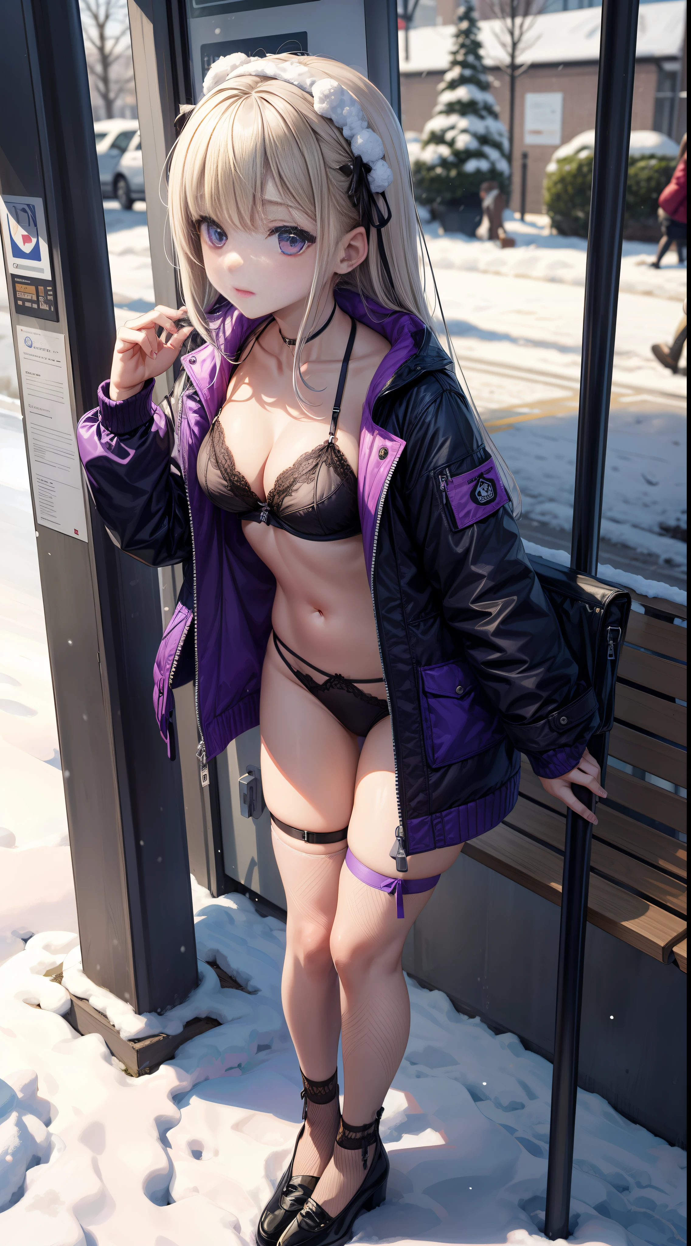 A who is one meter and five meters tall in the snowy winter,Wear fishnet socks and sexy purple lace lingerie,Open down jacket,Stand at the bus stop,It's surrounded by people