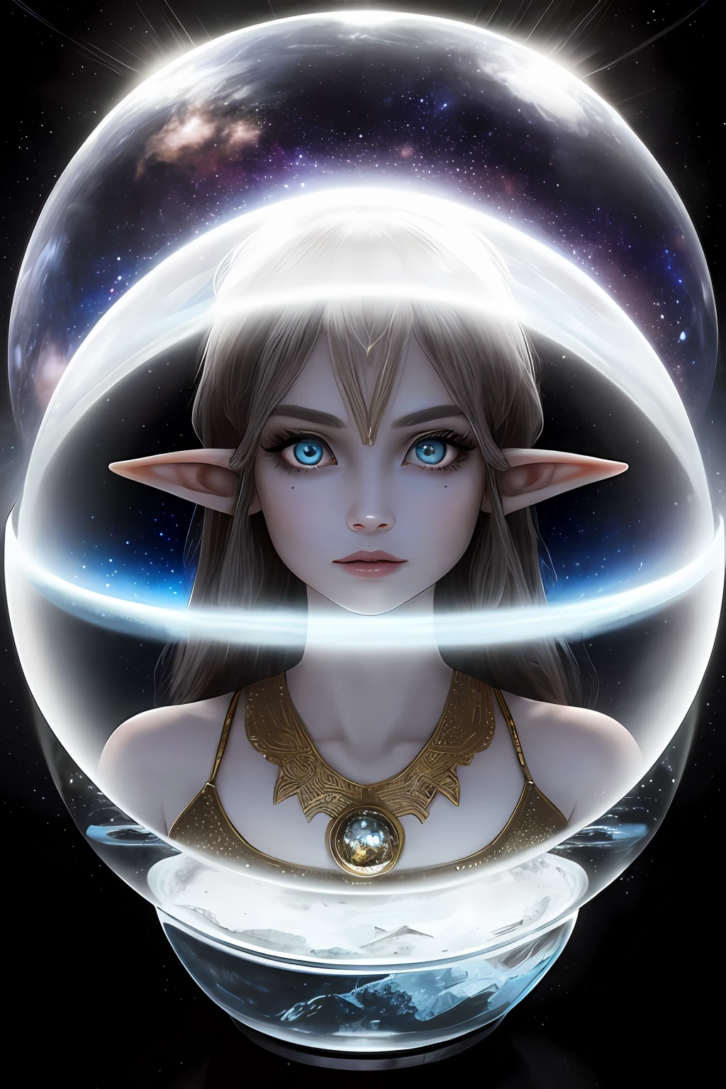 A female elf，（best qualtiy，8K，tmasterpiece:1.3），largeeyes，long eyelasher，brunette color hair，Exquisite（live-action realistic style），Ultimate face，Photorealistic light and shadow，Star-like eyes，Clear facial features，Milky white skin，Fair skin， highdetailskin， Realistic skin details， Visible Pore，（Super detail），Petite body，Carmelto， Majority，perfect figure beautiful woman:1.4，Golden wire，（（dynamicposes）in glass ball），Two ice planet backgrounds，（Binary orbital flight），space，salama，Dramatic scenes，at centre