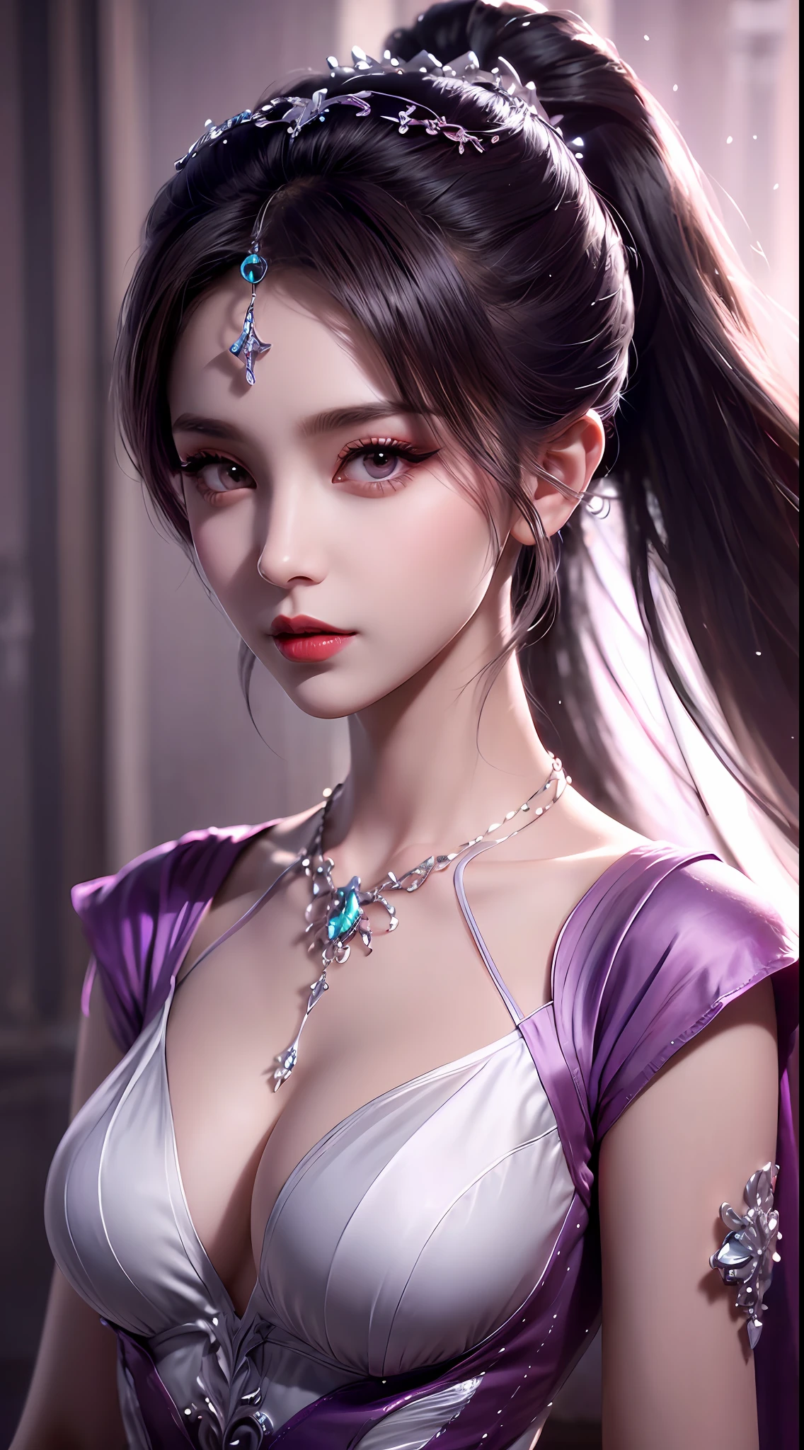 1 beautiful girl in Han costume, thin purple silk shirt with white color with many textures, white lace top, long platinum purple ponytail, hair jewelry, ear jewelry, light purple rabbit ears, necklace and necklace, meticulously drawn large purple eyes, meticulous makeup, thin eyebrows, high nose, lovely red lips, not smiling, pursed lips, rosy cheeks, wide breasts, big breasts , well-proportioned bust, slim waist, purple mesh socks, chinese hanfu style, fictitious art textures, vivid and realistic colors, RAW photos, realistic photos, ultra high quality 8k surreal photos, (effective fantasy light effect: 1.8), 10x pixel, magic effect (background): 1.8), super detailed eyes, girl body portrait, solo girl, ancient hanfu background,