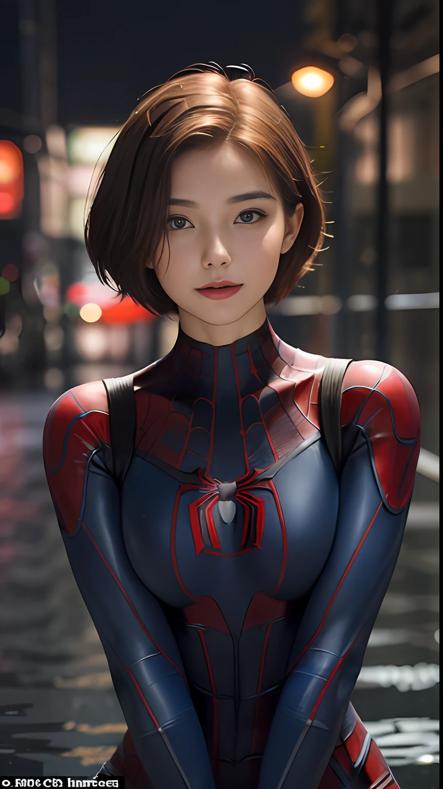 Beautiful woman detailed defined body using spider man cosplay, small breasts --auto