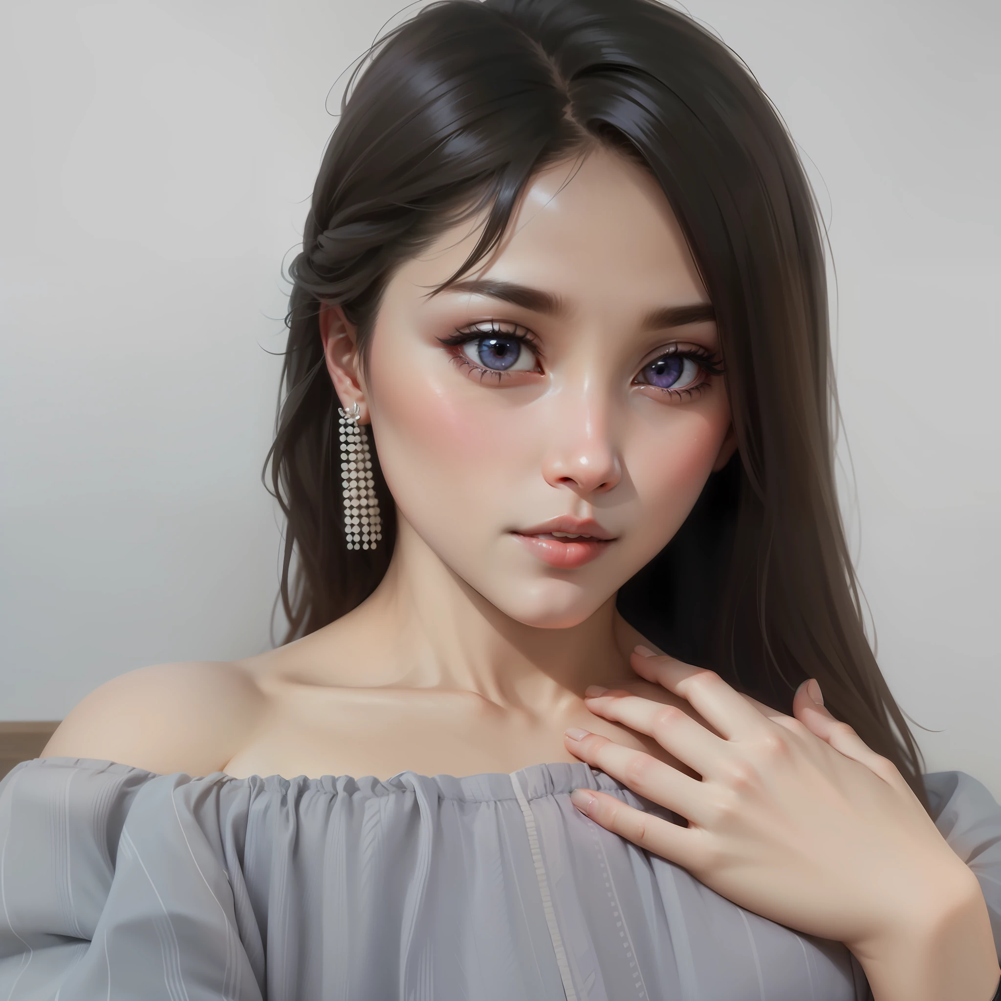 A high resolution,HighestQuali,illustratio,cinematric light,ultra - detailed,详细的脸,(Detailed eyes),best qualtiy,ultra - detailed,tmasterpiece,(详细的脸),1girl,Kizi,White hair,a purple eye,Sit on the couch