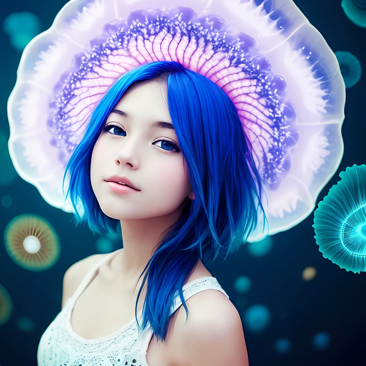 blue short hair,teens girl,jelly fish