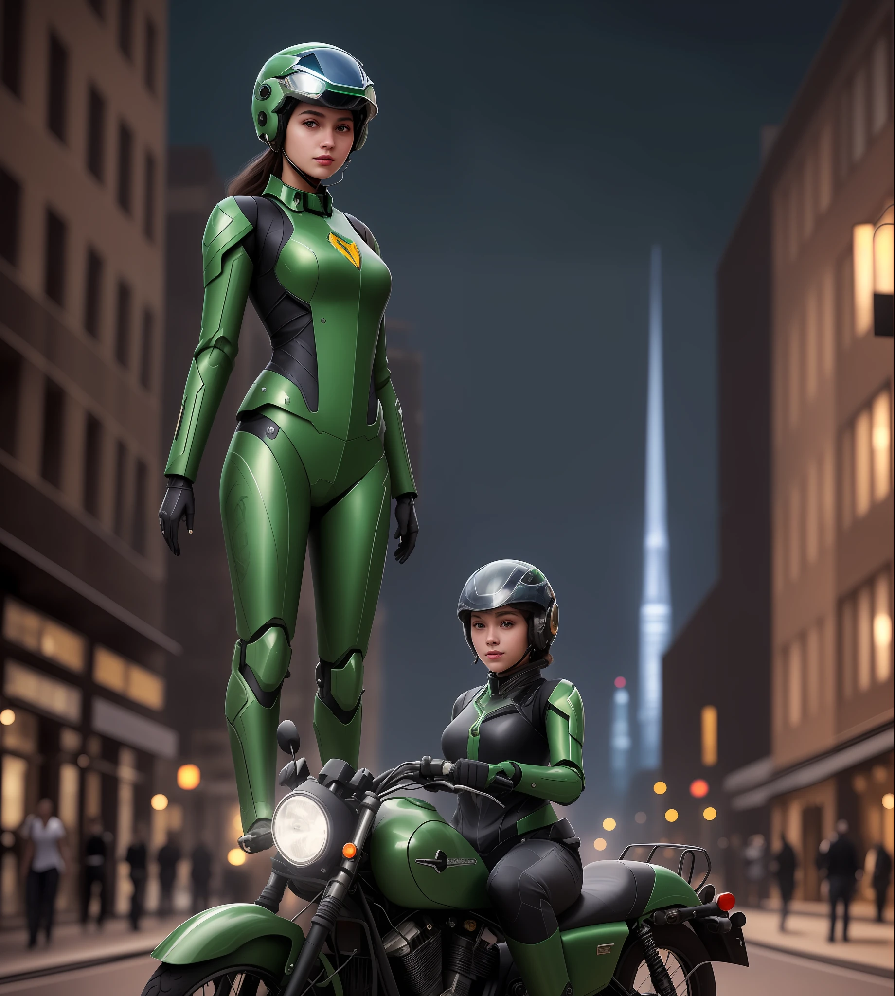 Highest image quality, outstanding details, ultra-high resolution, (realism: 1.4), the best illustration, favor details, highly condensed 1girl, with a delicate and beautiful face, dressed in a black and green mecha, wearing a mecha helmet, holding a directional controller, riding on a motorcycle, the background is a high-tech lighting scene of the future city.