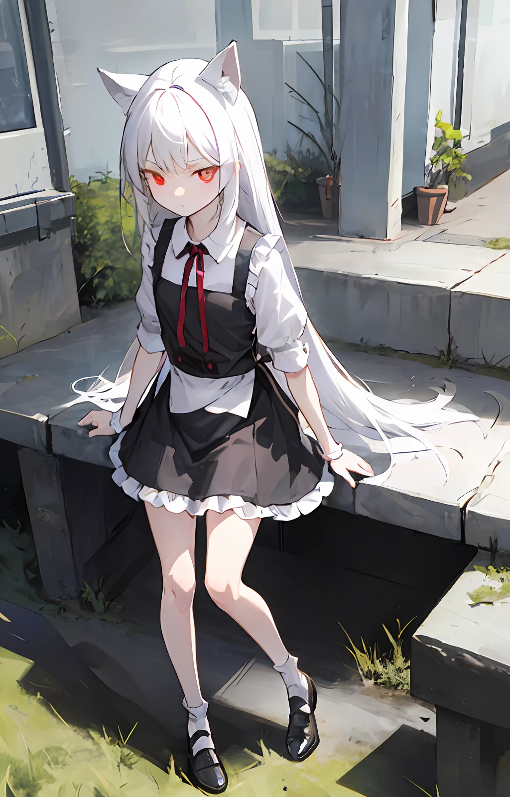 Animal Ears, Little Loli, Dull Moe, Red Eyes, White Hair, Red Skirt, Showing a Disdainful Expression Looking down like garbage