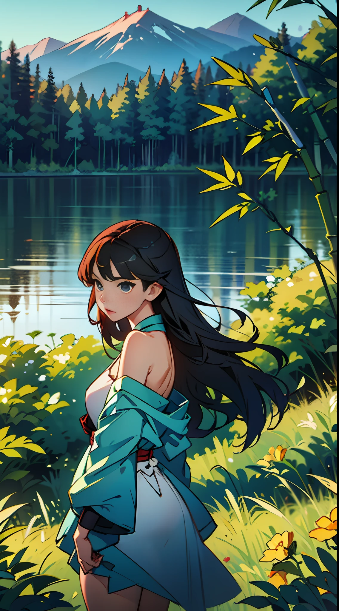 shuimobysim, girl, woman, bare shoulders, (ecchi0.5), (trees:0.5), (flowers:0.6) ,(birds:0.2), (bamboo0.1), lakes, Hangzhou, wuchangshuo, wuchangshuo in background shukezouma, --auto