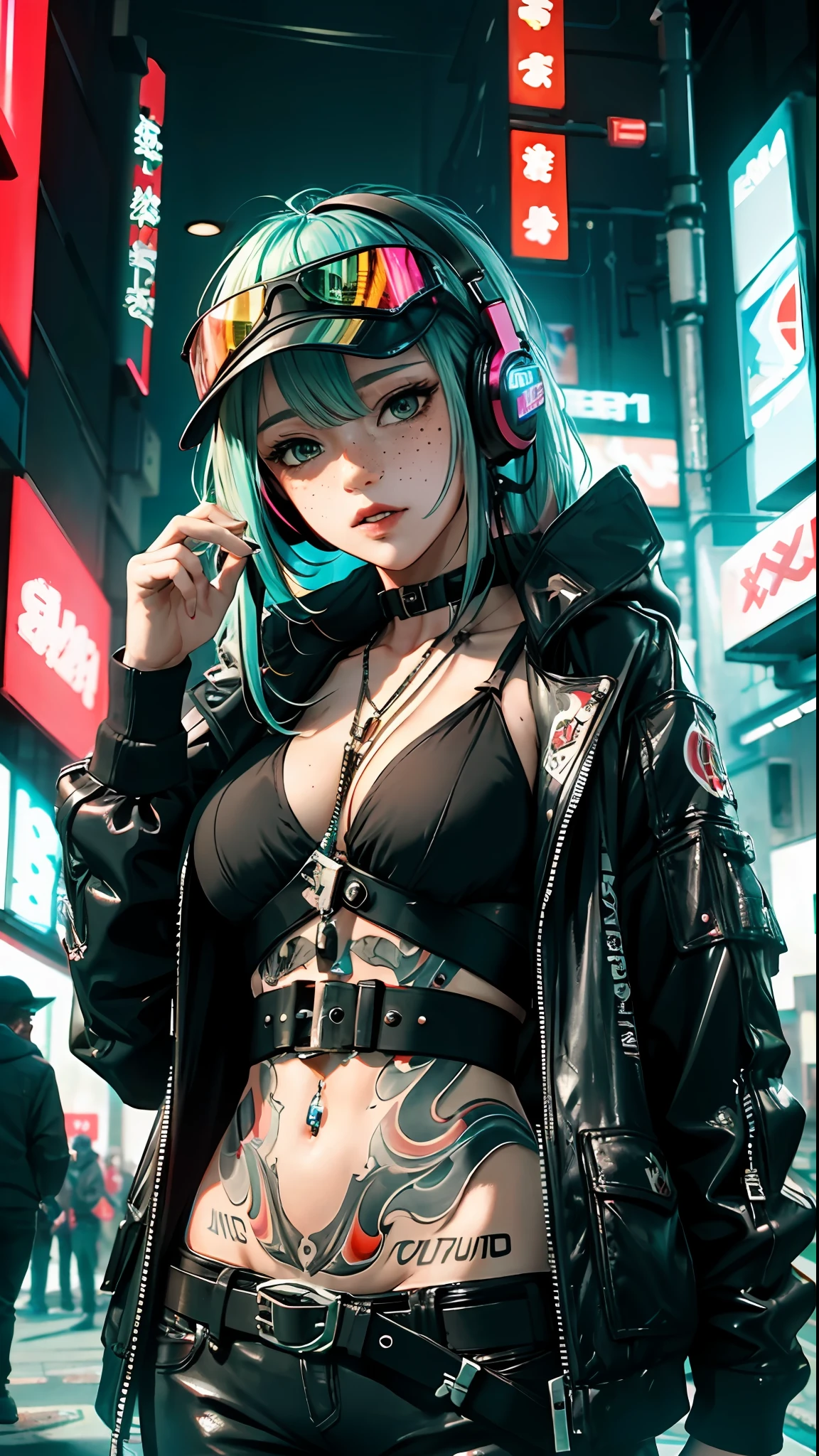 ((Best Quality)), ((Masterpiece)), mature, perfect eyes:1.2, holding a machine gun, detailed eyes:1.4, ((freckles)), woman, hightech visor, high tech, hacker, irezumi, tattoo, techwear, headphones, messy hair, multicolored hair, green hair, black jacket, gradient hair, leather clothes, (machine gun), (High Definition:1.3), 3D, Beautiful (Cyberpunk:1.3), Colored hair, militar, black clothes looking at camera, hacker woman, sticking out, sexual, seduction, neo tokyo