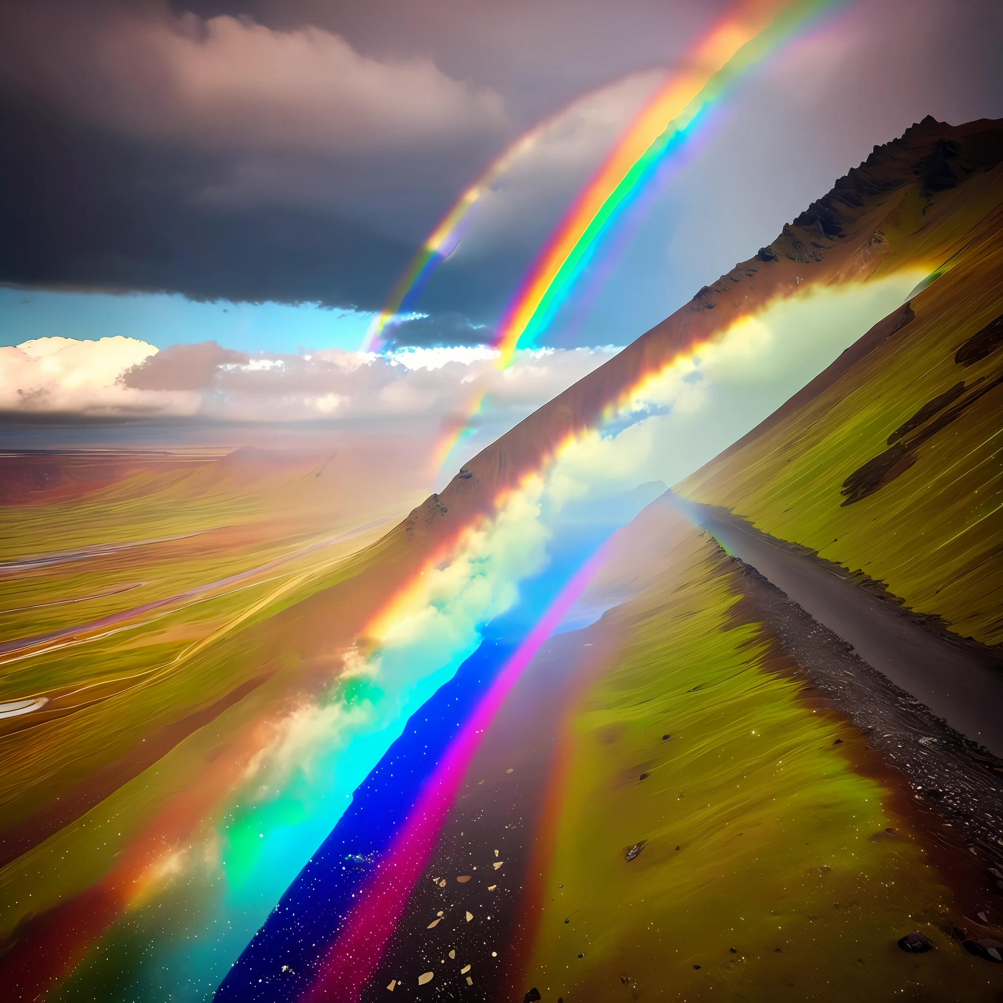 The Car，There are rainbows in the sky, iceland photography, rainbows in the background, rainbow road, iceland, traveling through the mountains, just one rainbow 8 k, rainbow trail, Auroracore, iceland hills in the background, ethereal rainbows, author：Anna Heifesch, rainbowing, iceland landscape, breathtaking shot, author：Karl Volk