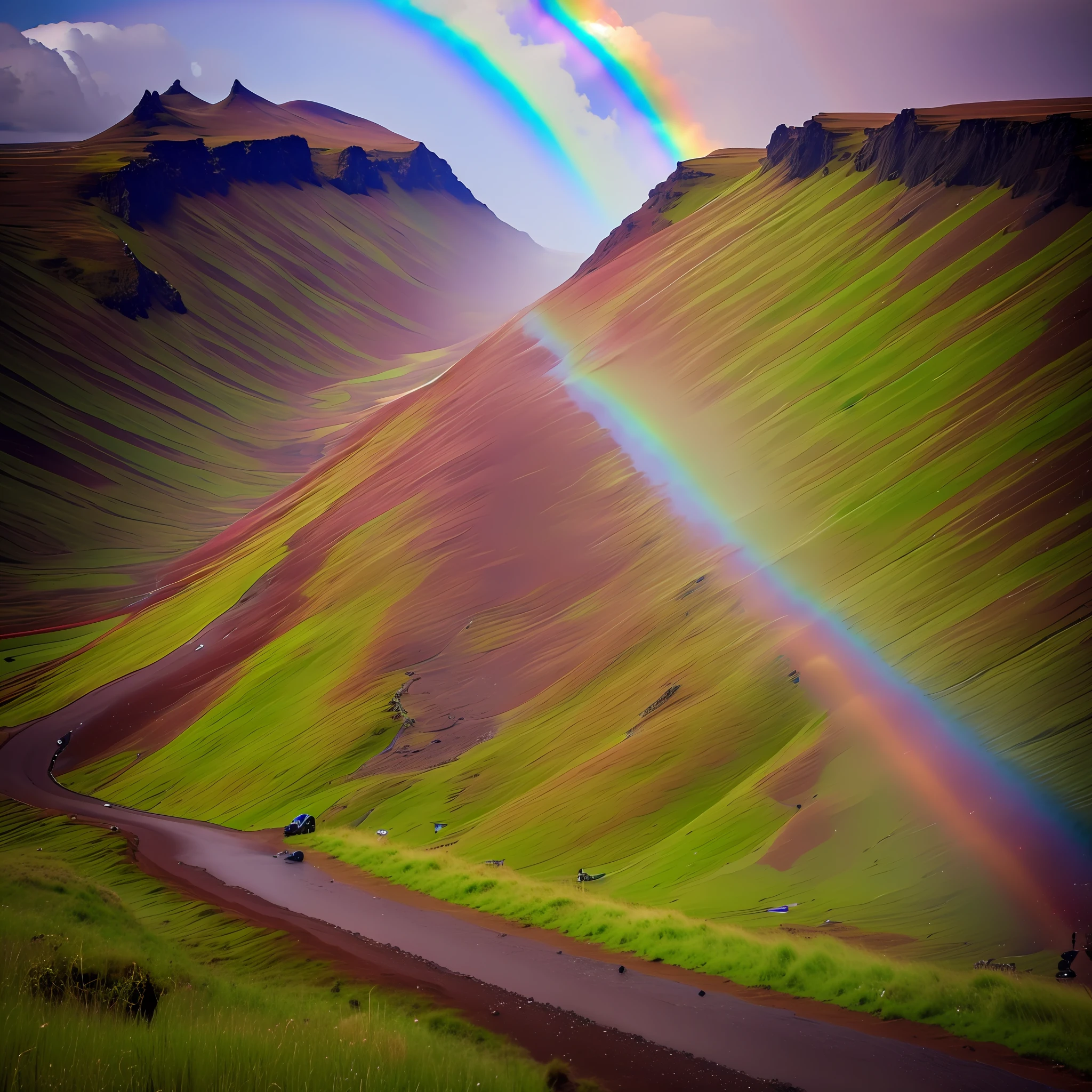 The Car，There are rainbows in the sky, iceland photography, rainbows in the background, rainbow road, iceland, traveling through the mountains, just one rainbow 8 k, rainbow trail, Auroracore, iceland hills in the background, ethereal rainbows, author：Anna Heifesch, rainbowing, iceland landscape, breathtaking shot, author：Karl Volk