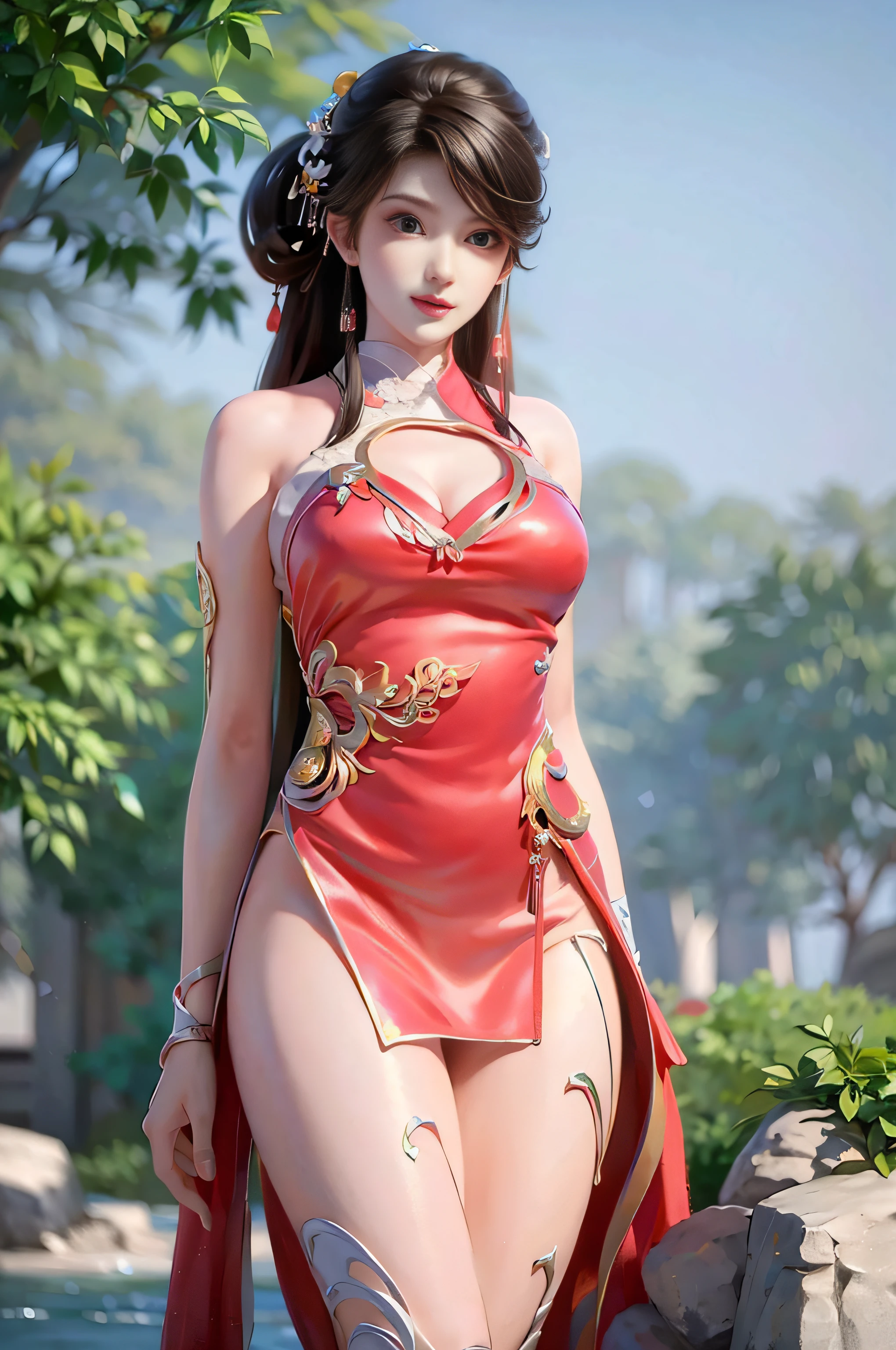 a close up of a woman in a red dress posing for a picture, mai shiranui, Japanese goddess, yoko matsugane as mai shiranui, trending at cgstation, trending on cgstation, Chinese style, wlop glossy skin, Chinese girl, Beautiful rendering of the Tang Dynasty, Chinese dress, full-body xianxia, a beautiful fantasy empress