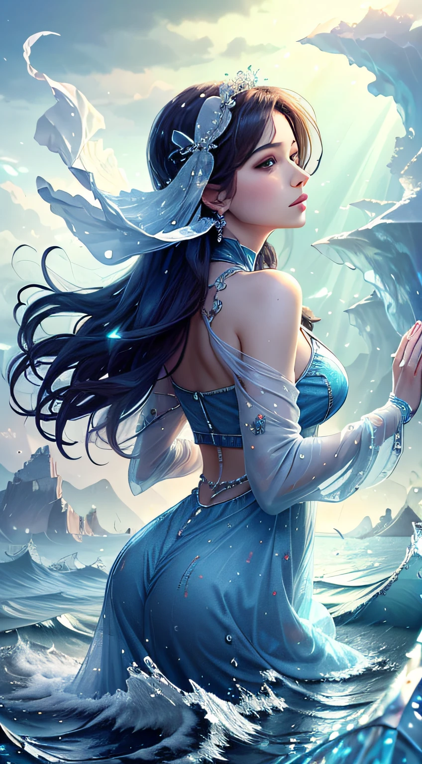 (tmasterpiece,top-quality,optimum,offcial art,Beautiful and aesthetic,Long exposure:1.2),Smooth movement,Charming Patterns, 1 rapariga,(Long dress without sleeves:1.3),(((blue clothes))),upperbody closeup,No shoulders,ChineseGirl,Blushlush,Silver lob hair, sportrait,独奏,The upper part of the body,Gaze the observer,detailedbackground,Detailed face,(crystallineAI, crystalline theme:1.1),Elemental Sky Sprite,Rotate the flow cloud,Control rainwater,Sapphire clothes,dynamicposes,particles floating,Ethereal power,rays of sunshine,vaporous,sky in background,Blue and white tones,ocean water,Ethereal atmosphere,