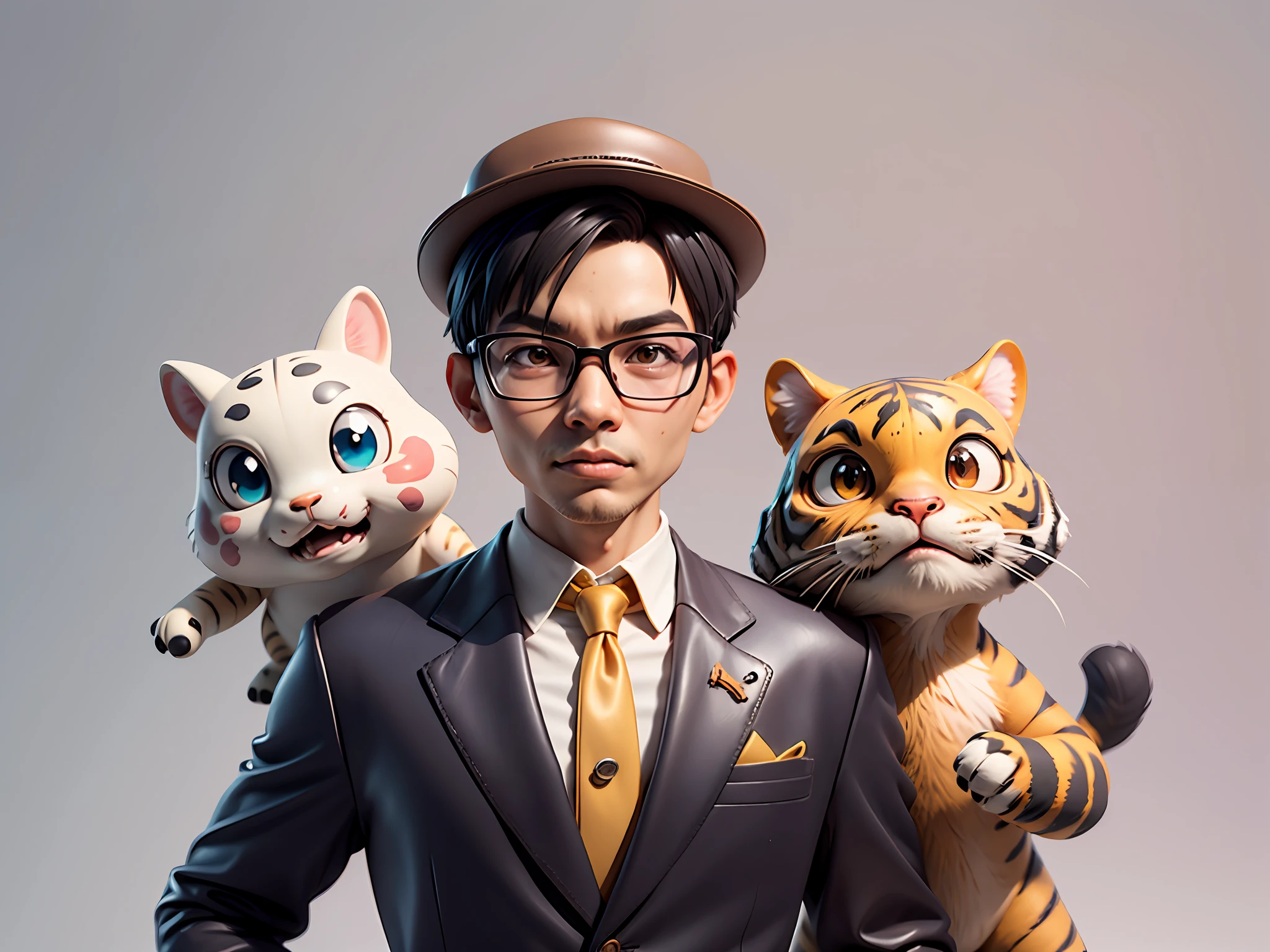 Young man with oriental face in leather hat, tiger, oriental face in formal suit, short black hair, silver glasses, digital painting, 3D character design by Mark Clairedon and Pixar and Hayao Miyazaki and Akira Toriyama, the illustration is a high-definition illustration in 4K resolution with very detailed facial features and cartoon-style visuals.