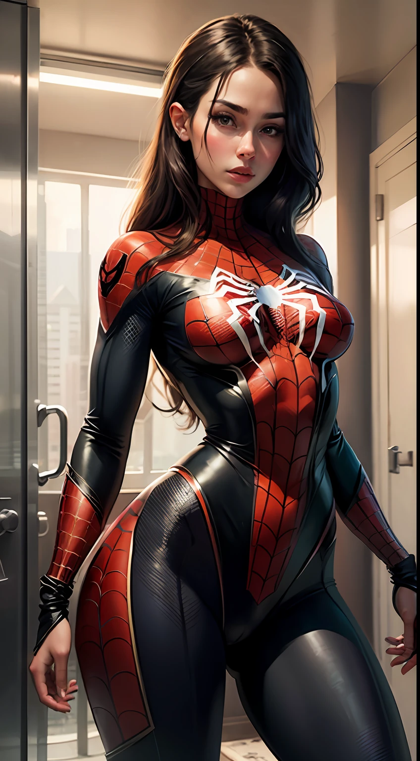 Beautiful woman detailed defined body using spider man cosplay, small breasts --auto