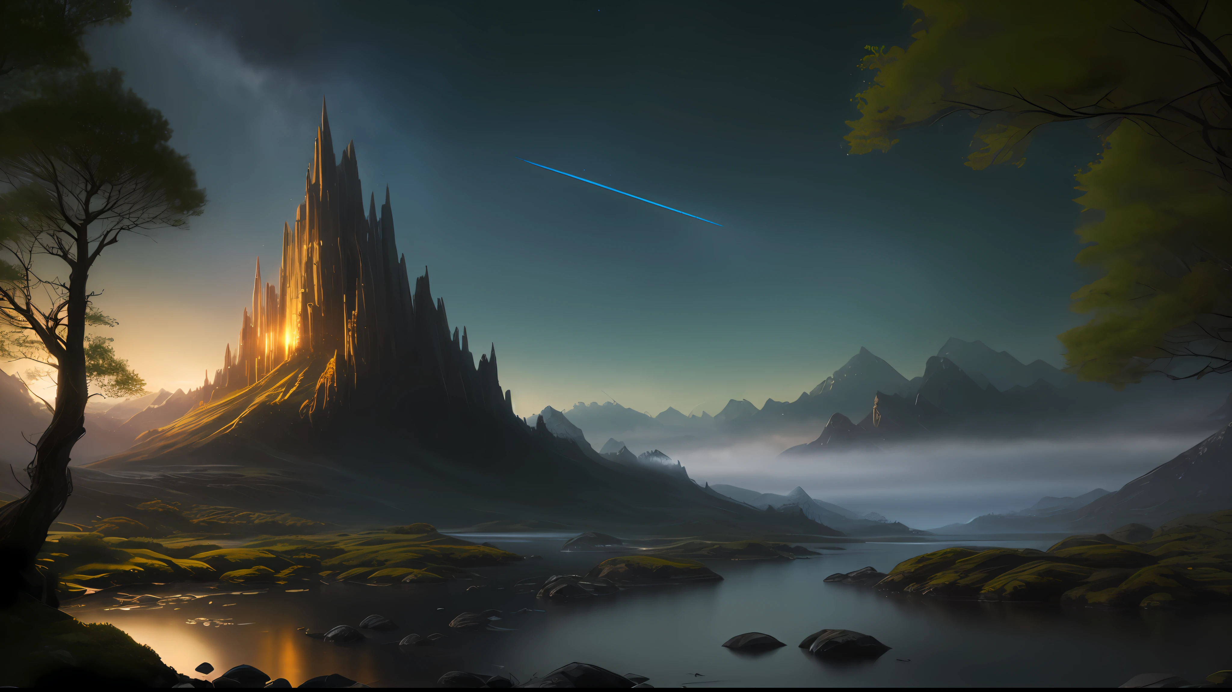 Dawn time,The sun rises slowly,The sun and mountains are reflected in the lake,Highly detailed digital art in 4K,8K stunning artwork,4K detailed digital art,8k high quality detail art,Dammford and Albert Bierstadt,Epic fantasy science fiction illustration,Anton Fadeev and Dammenford,Sci-fi fantasy wallpaper,impressive fantasy landscape,8K HD wallpaper digital art --auto --s2
