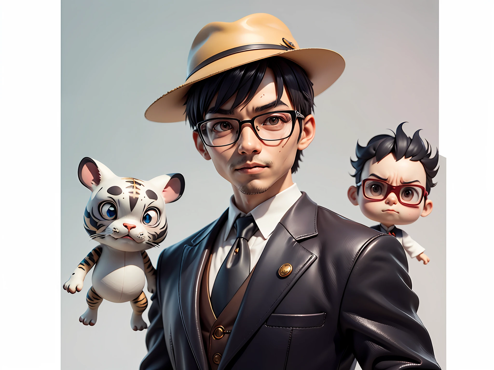 Young man with oriental face in leather hat, tiger, oriental face in formal suit, short black hair, silver glasses, digital painting, 3D character design by Mark Clairedon and Pixar and Hayao Miyazaki and Akira Toriyama, the illustration is a high-definition illustration in 4K resolution with very detailed facial features and cartoon-style visuals.