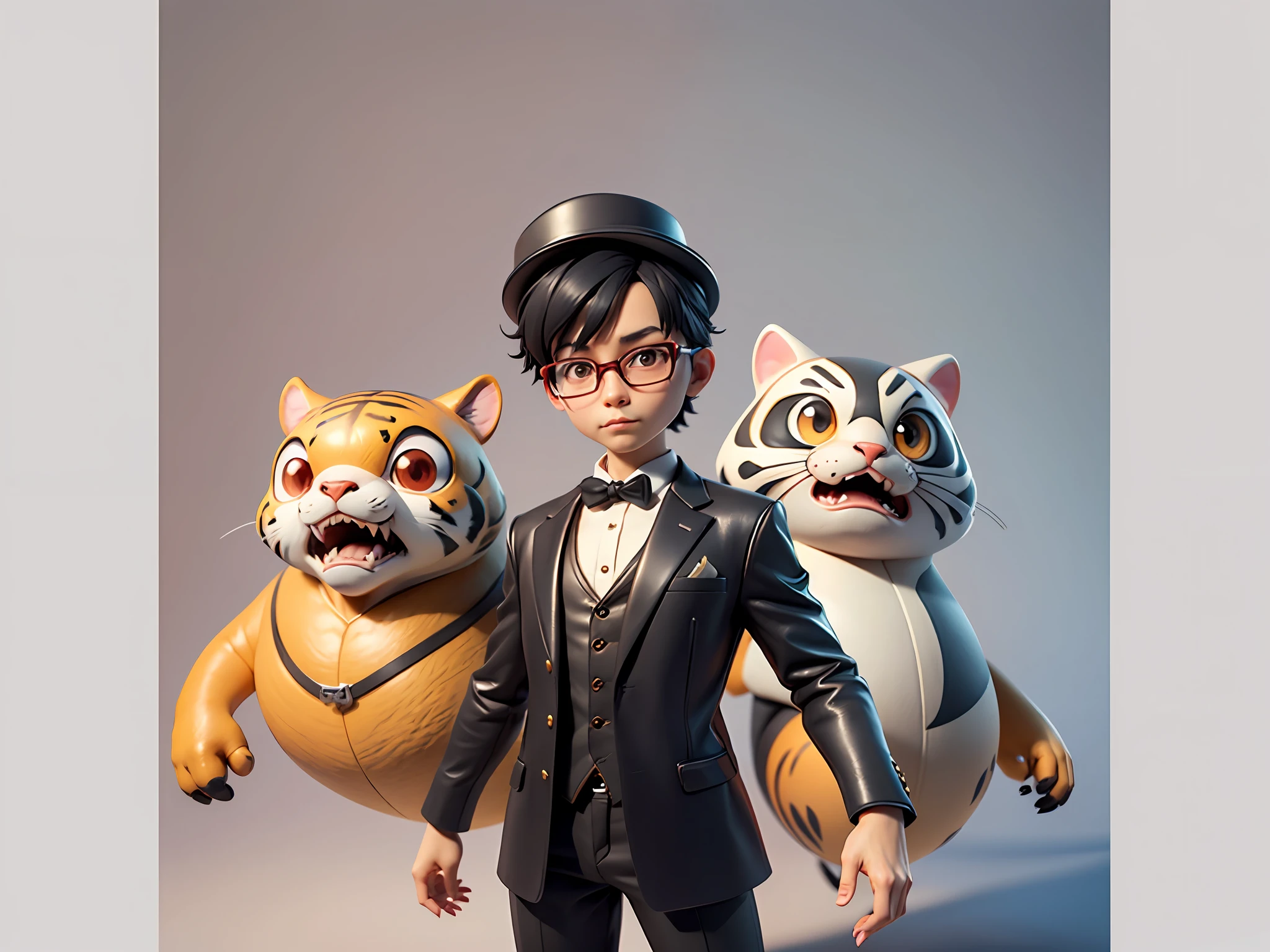 Young man with oriental face in leather hat, tiger, oriental face in formal suit, short black hair, silver glasses, digital painting, 3D character design by Mark Clairedon and Pixar and Hayao Miyazaki and Akira Toriyama, the illustration is a high-definition illustration in 4K resolution with very detailed facial features and cartoon-style visuals.