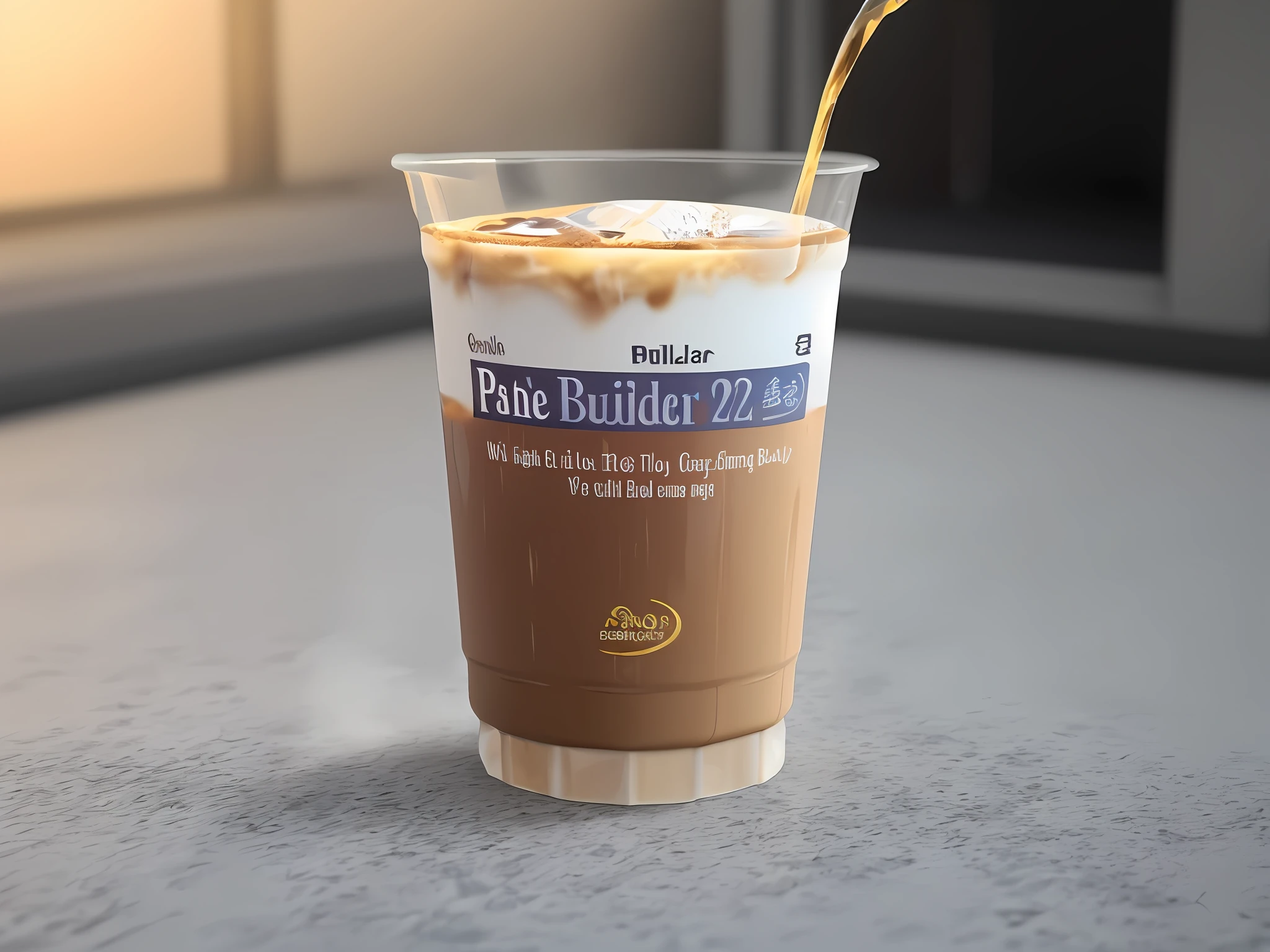 (Serve ice-cold in a plastic cup) cold brew coffee, iced latte, Add ice, Brewed by Irene, High fullness, The light and shadow effect is perfect, High color reproduction, No chromatic aberration, With a faint smoke effect, Placed on the path of 2 years old 5,At age 20, you picked it up,The surrounding environment is the texture of PBR material,The whole picture is real and realistic,The look and feel is very comfortable and pleasant。