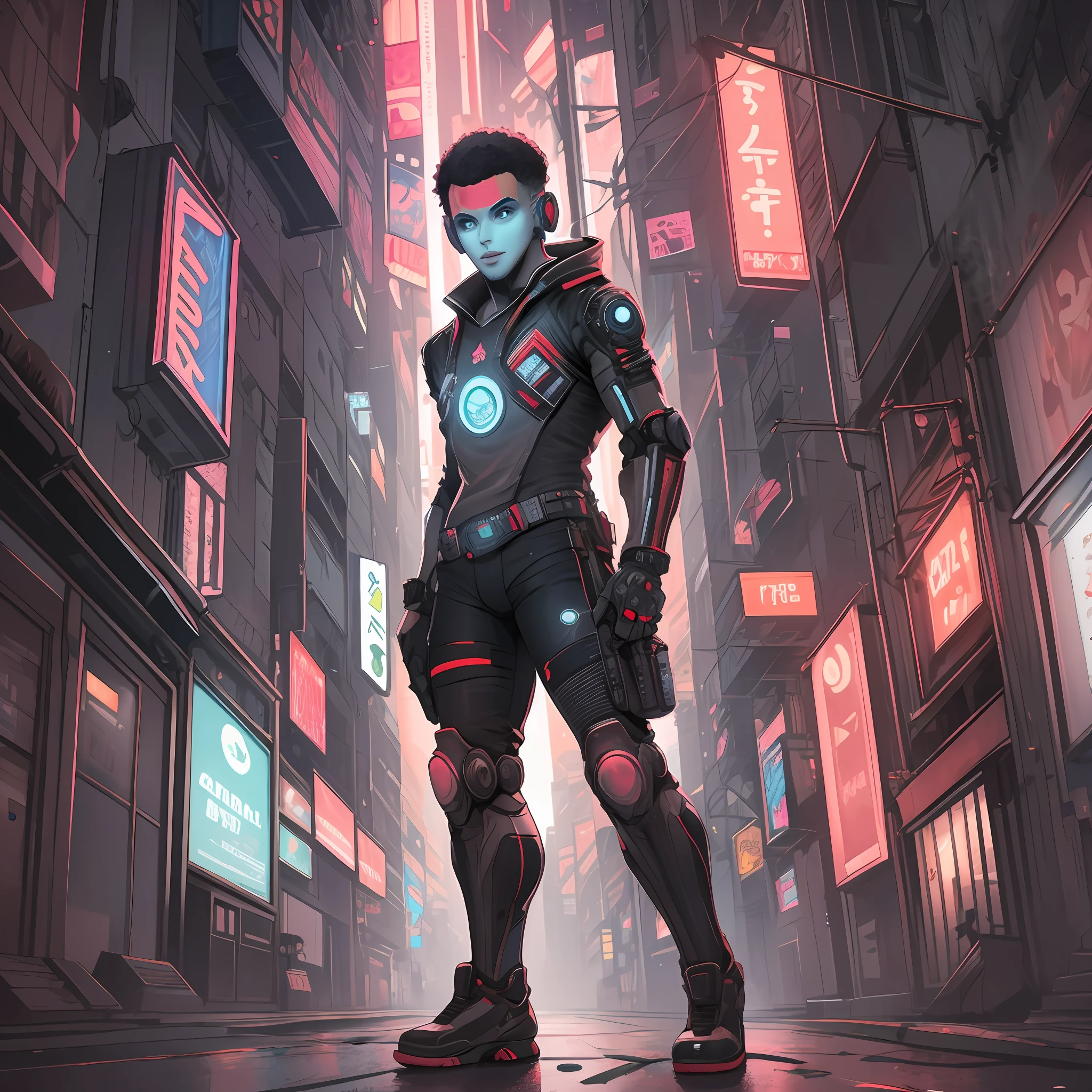 (fantasy suit:1.5)(cyberpunk city:1.3)(Steph Curry:1.2), futuristic, dynamic pose, red light, neon lights, fog, high buildings, dark alleyway