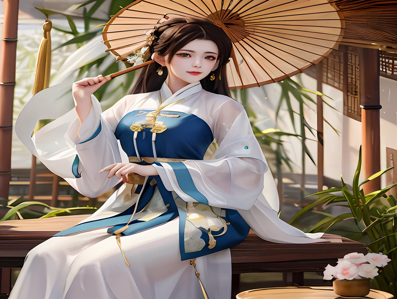 An Alfir woman in traditional dress holds an umbrella in a bamboo building，Girl in white Han costume，Character paintings full of beauty，One of CGSTATION's trends，Pan Chengwei's beautiful digital artwork on the art stage，It perfectly shows the artistic style of G Ryulian，Bamboo architecture，full bodyesbian，Sit Pose。