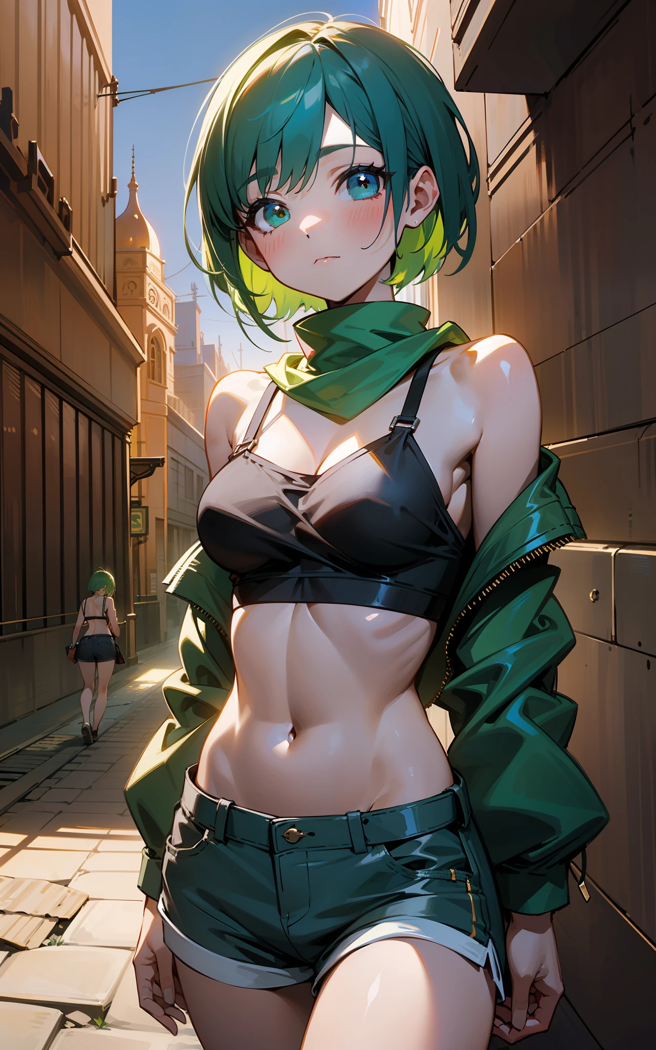 top-quality、hight resolution、detaileds, Desert People、Girl in bra top and shorts、Inside the city at night in the desert、Green Shortcut Hair、Fantasy World、Holding a dagger、