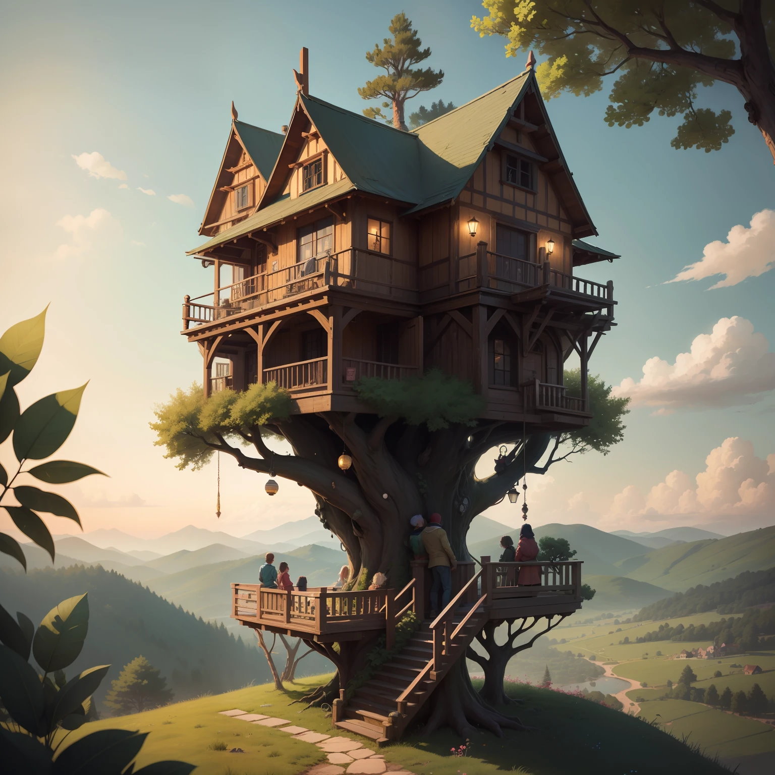 Description:
The illustration unveils a charming landscape nestled within a vibrant countryside. Rolling hills, dotted with wildflowers, stretch as far as the eye can see. In the heart of this idyllic setting, a majestic tree towers above the surrounding scenery, its branches reaching toward the heavens.

Amidst the lush foliage, the tree house emerges as a beacon of imagination and craftsmanship. With its intricate design, the tree house blends seamlessly with the tree, forming a harmonious bond between nature and human creation. Rope ladders, winding staircases, and cozy balconies adorn the structure, inviting all who gaze upon it to embark on an adventure.

A group of people, each representing a unique walk of life, gathers around the tree house with excitement and awe etched on their faces. Children peer up with wide-eyed wonder, their imaginations running wild with dreams of tree-bound escapades. Parents and elders wear expressions of nostalgic delight, recalling their own youthful adventures. The village storyteller weaves tales of mythical creatures dwelling within the tree, adding a touch of magic to the scene.

The warm hues of sunset bathe the landscape, casting a golden glow upon the gathered group. Rays of light filter through the leaves, creating a kaleidoscope of colors that dance upon the faces of the onlookers. Laughter and animated conversation fill the air, as the group marvels at the ingenuity and creativity that went into building this magnificent tree house.

This illustration captures a moment of unity, joy, and shared imagination. It celebrates the power of community and the endless possibilities that can be unlocked when we come together in pursuit of dreams and adventure. It serves as a reminder of the enchanting experiences that await when we embrace our collective sense of wonder.

Note to the artist:
Infuse your artistic style into the illustration, employing a blend of warm and vibrant colors to evoke a sense of excitement and camaraderi