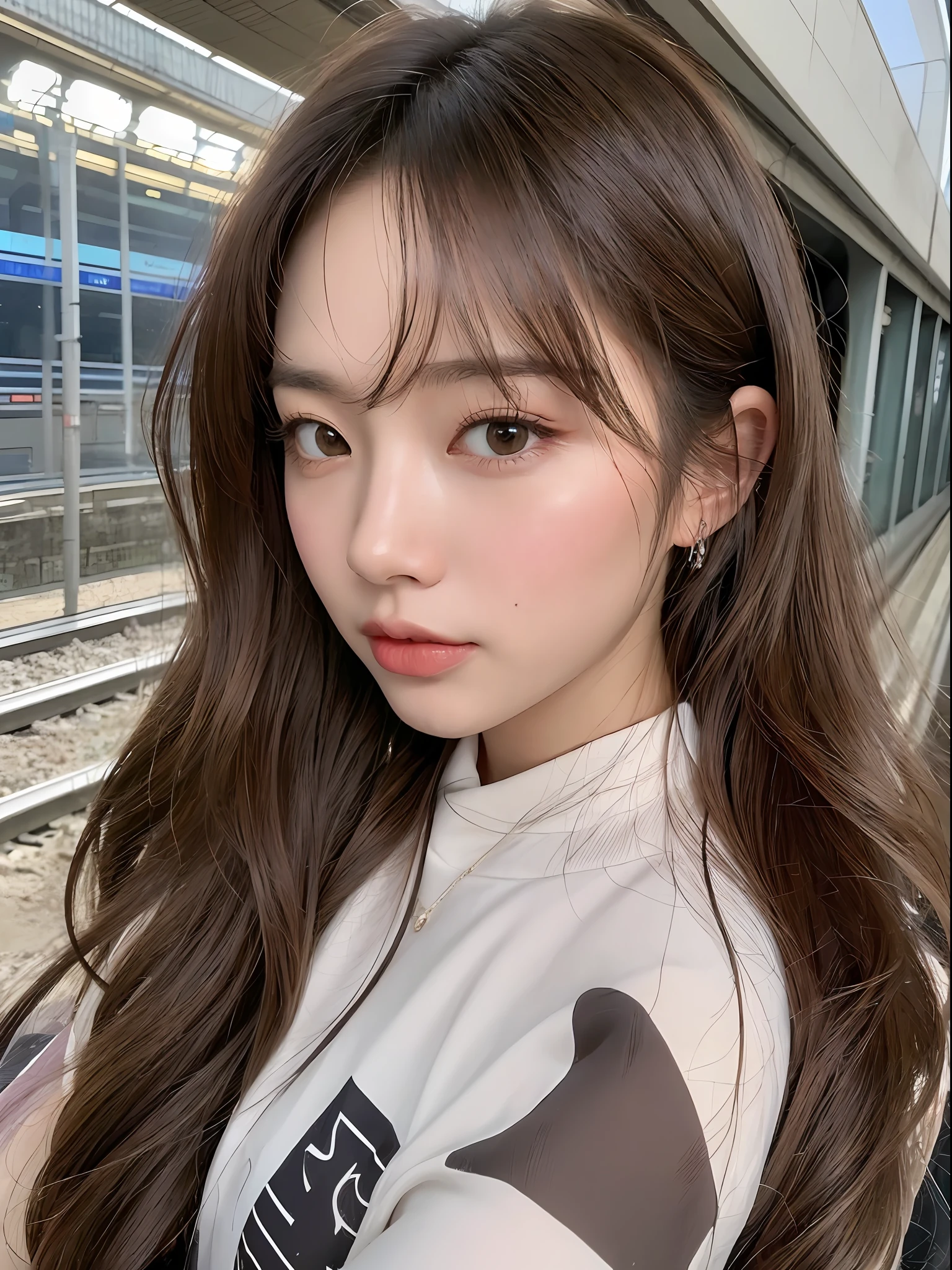 ((, Need, 8K, tmasterpiece:1.3)), 1female,Upper body body,self-shot,eventide,Focalors:1.2, perfect figure beautiful woman:1.4, the sunset:1.1, ((Dark brown hair )), (whitet-shirt,standing on your feet:1.2), ((On high-speed rail:1.3)), Highly detailed facial and skin texture, A detailed eye, 二重まぶた