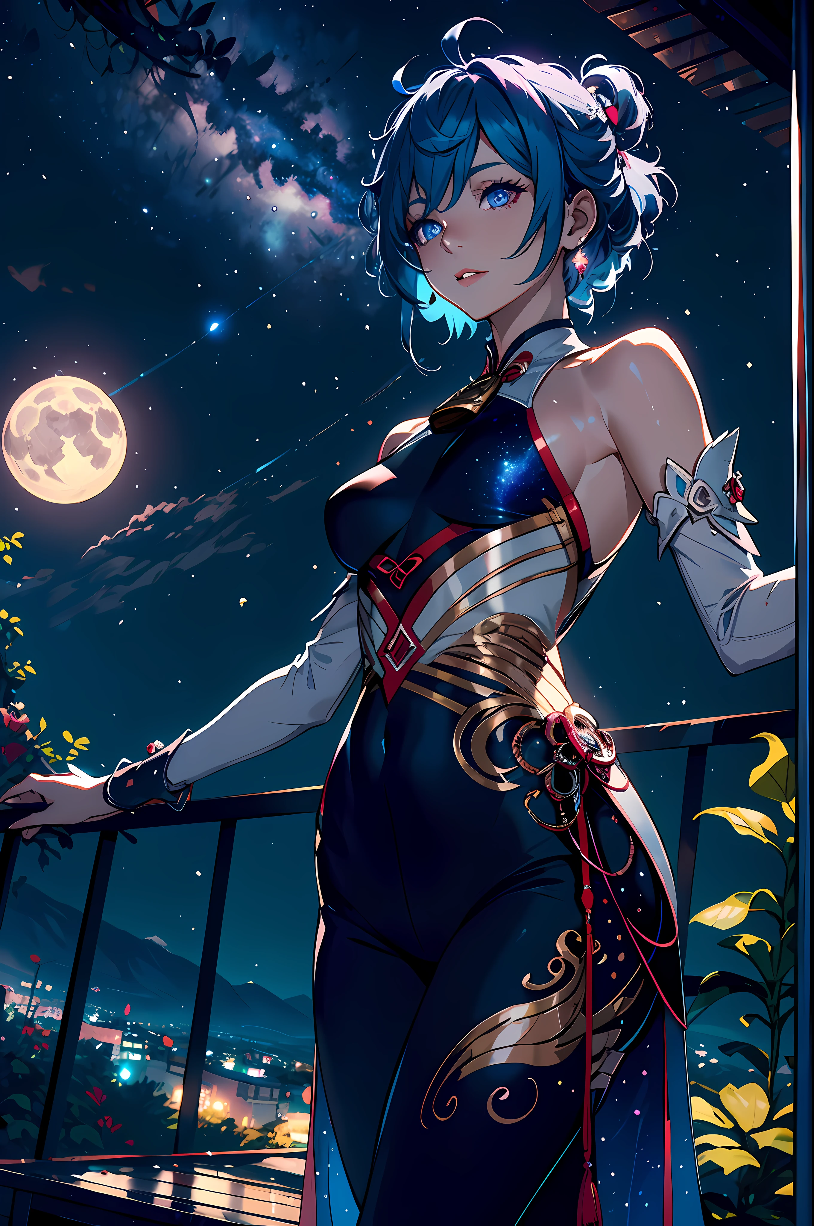 Vast landscape,a girl standing,Genshin Ganyu,Blue hair,Blue eyes,There is a pattern of a starry sky on the clothes,The stars on the clothes glowed,(moon full:1.2),(meteors:0.9),(Starcloud:1.3),far away mountain,Tree BREAK Production Art,(Warm light source:1.2),(glowworm:1.2),Purple and orange,Complicated details,Volumetric lighting BREAK(a masterpiece of:1.2), (HighestQuali),4K,Ultra-delicate,(Dynamic configuration:1.4),Highly detailed and colorful details(Iridescence color:1.2),(Sparkling lighting,Atmospheric lighting),Dreamlike,magical,(独奏:1.2)