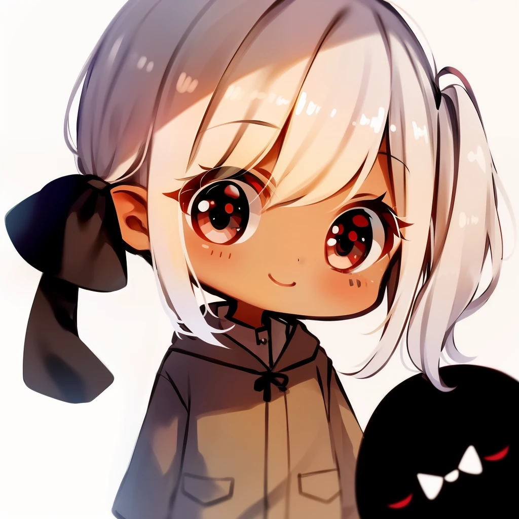​masterpiece、detaileds、Soft lighting、((side ponytail))、White hair、girl with、((dark brown skin))、Red-eyed chibi、white backgrounid、simple background、FFXIV、lalafell、ssmile