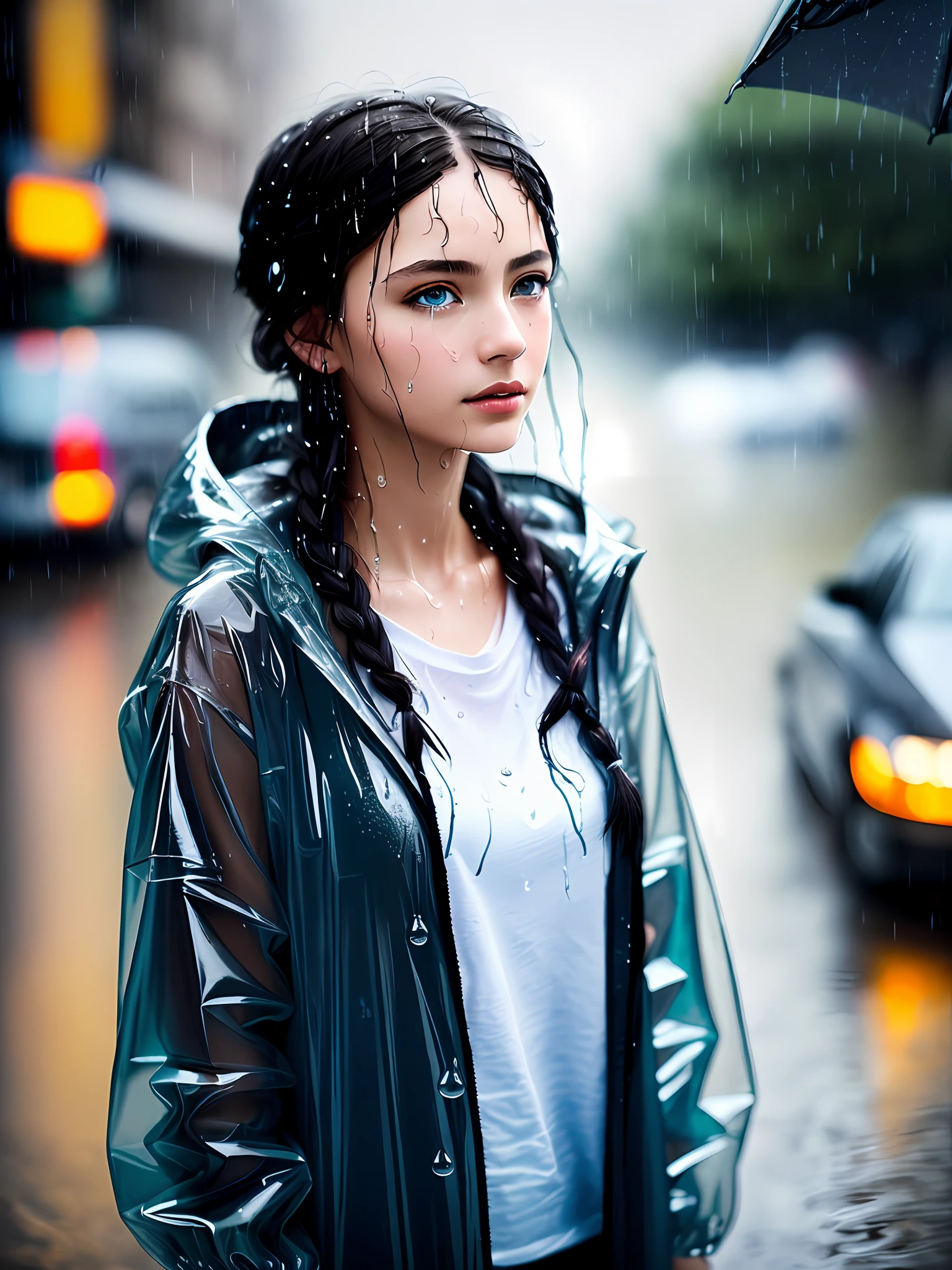 (masterpiece:1.21), (best quality:1.331), ((ultra-detailed)), ((extremely best illustration)), ((amazing)), (hyper quality), Gorgeous and rich graphics,
(extremely delicate and beautiful:1.21), 8k, wallpaper, (extremely beautiful lighting), hard light, delicate composition, (perfect conposition), (extremely beautiful and detailed background:1.21), rembrandt style expression of light and shadow, dark tone, (low-key and high-variance colorscale), ((depth of field)), deep shadow, 
dynamic angle, from side, upper body, radial blur, 
rain, (city lights, blurry background), 
(1girl),(beautiful detailed eyes), clear blue eyes, long and silver french braid hair, 
fatigues, 
transparent raincoat, wet clothes and wet skin and dripping wet hair, 
lens flare, string lights, street,