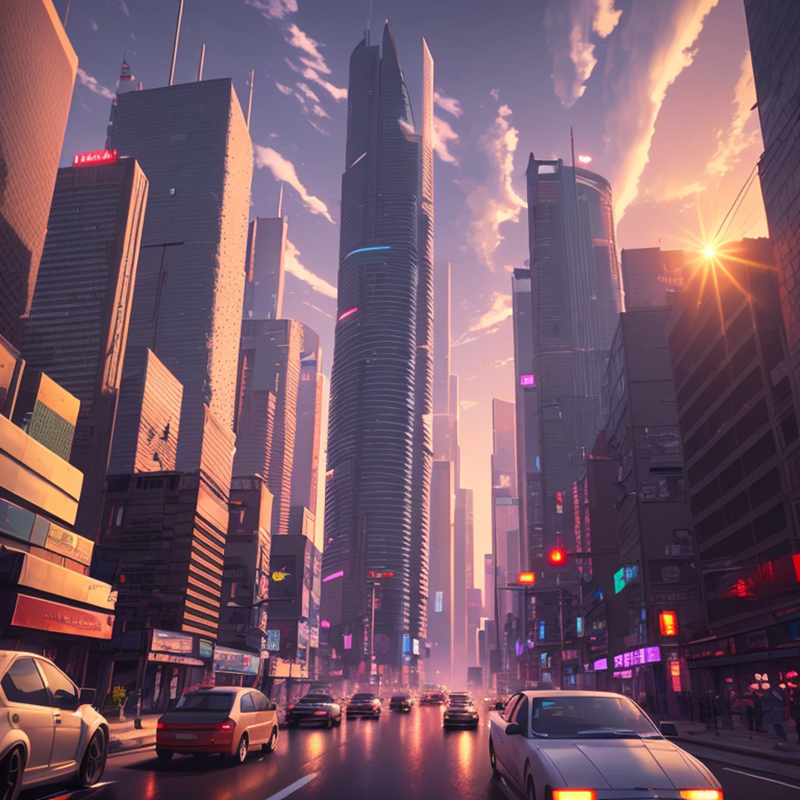 at dusk at golden hour,Cars drive on city streets lined with high-rise buildings, hyper realistic cyberpunk city, futuristic city street, in a futuristic cyberpunk city, cyberpunk city street, Futuristic city landscape, Futuristic city landscape, cyberpunk city street background, cyberpunk city landscape, Sci-Fi Cyberpunk City Street, 3 d render beeple, futuristic street, beautiful cyberpunk city, cyberpunk city landscape --auto