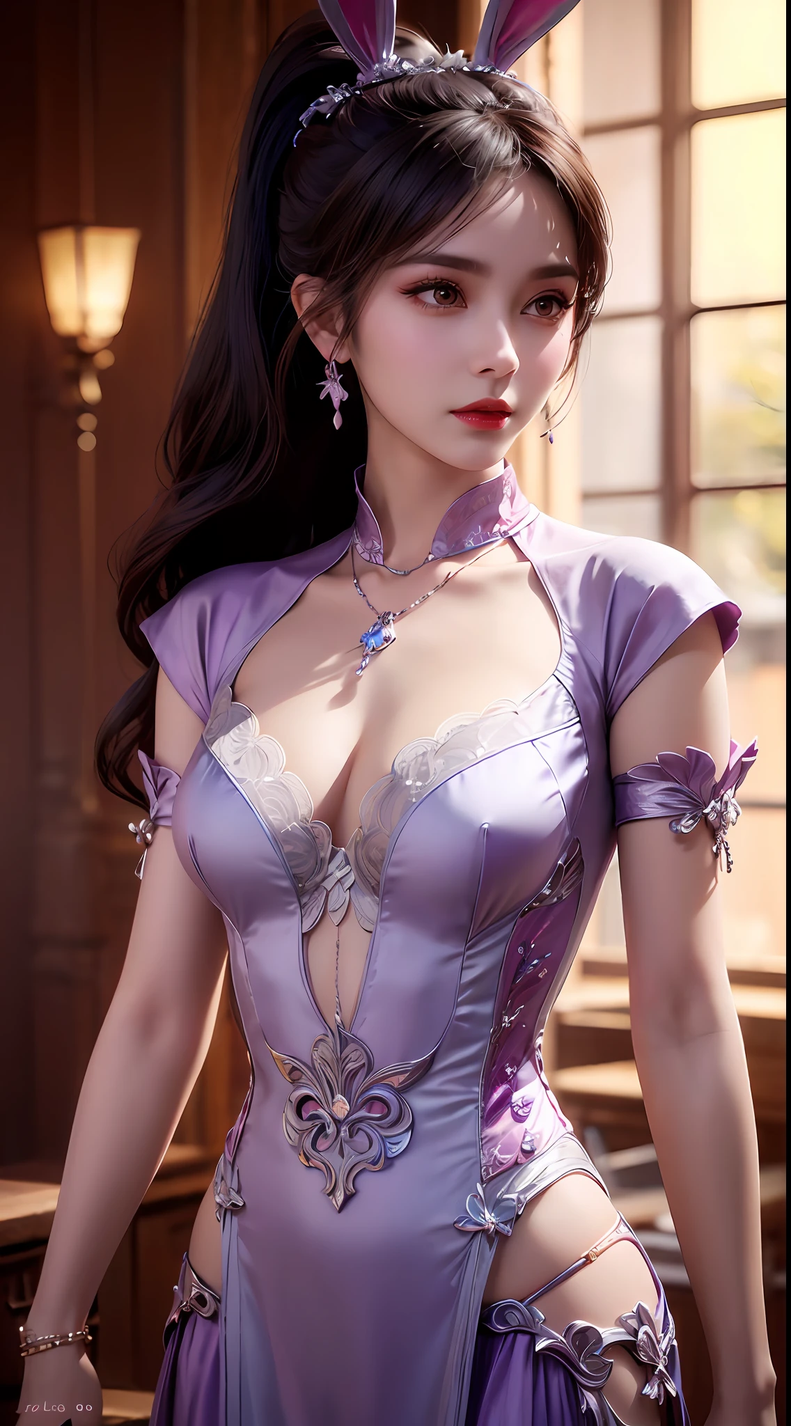 1 beautiful girl in Han costume, thin purple silk shirt with white color with many textures, white lace top, long platinum purple ponytail, hair jewelry, ear jewelry, light purple rabbit ears, necklace and necklace, meticulously drawn large purple eyes, meticulous makeup, thin eyebrows, high nose, lovely red lips, not smiling, pursed lips, rosy cheeks, wide breasts, big breasts , well-proportioned bust, slim waist, purple mesh socks, chinese hanfu style, fictitious art textures, vivid and realistic colors, RAW photos, realistic photos, ultra high quality 8k surreal photos, (effective fantasy light effect: 1.8), 10x pixel, magic effect (background): 1.8), super detailed eyes, girl body portrait, solo girl, ancient hanfu background,