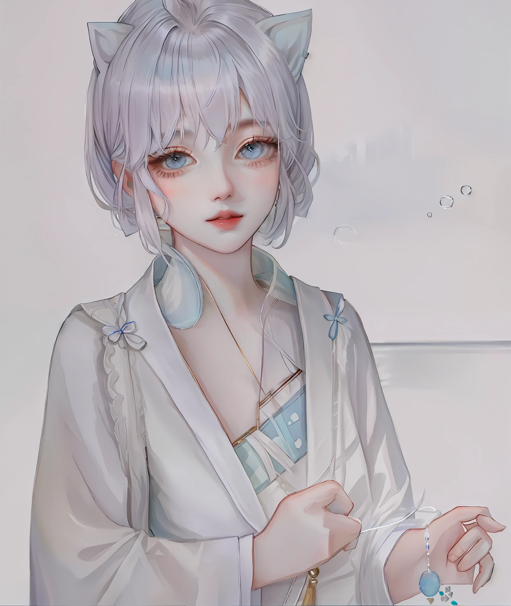 (Masterpiece), (Best quality), (Ultra detailed),(disheed hair),(illustration), (1girll), (Fashionable clothing), standing, Fashion model, view the viewer, (interview), (Simple background),美丽细致的眼睛,Delicate beauty,afloat,(high saturated),(Colorful splashes),Colorful bubbles,(Shine),Focus on the face,pony tails,,lightblue hair,By bangs,Hair rings,Floating flowers,floated hair,(Shiny),best illuminate,Best shadow,