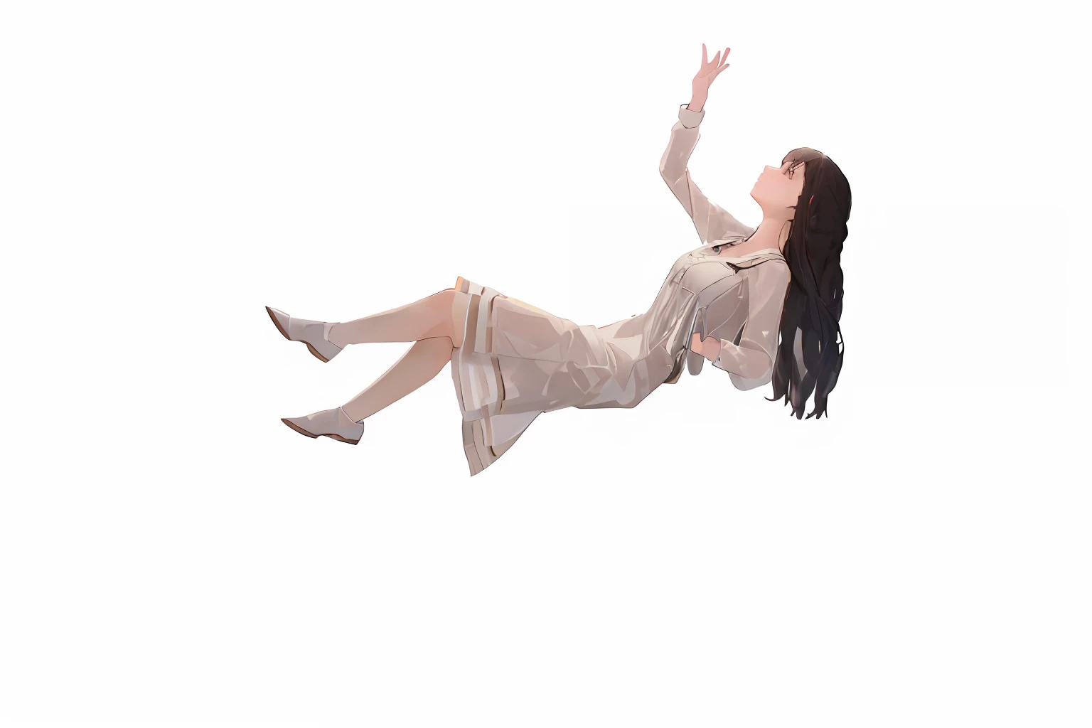 An Aalfed woman in a beige dress flew through the air, elegant floating pose, she is floating in the air, dramatic floating pose, dramatic magic floating pose, floating in mid-air, female floating, floating in air, Floating long hair, white hair floating in air, floating in empty space, Floating in the air, A woman floats in midair