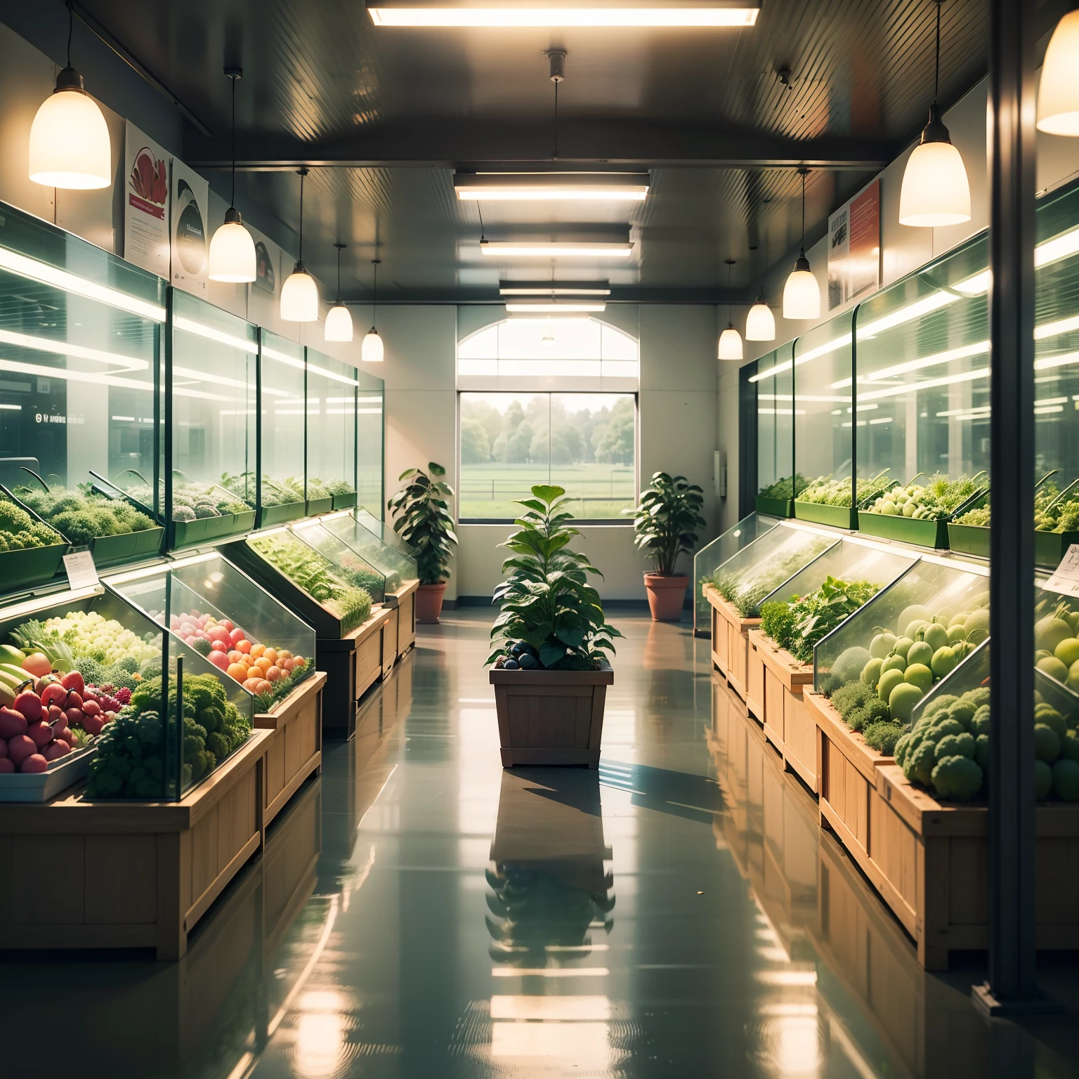 (best quality,high resolution) Agricultural products exhibition hall,Spacious and bright,clean and uncluttered,Clear air，(multiple persons+Multiple varieties of vegetables and fruits),(Bright LED light + Nature natural light),(panoramic lens),(Fresh and elegant,Highly saturated natural tones) --auto