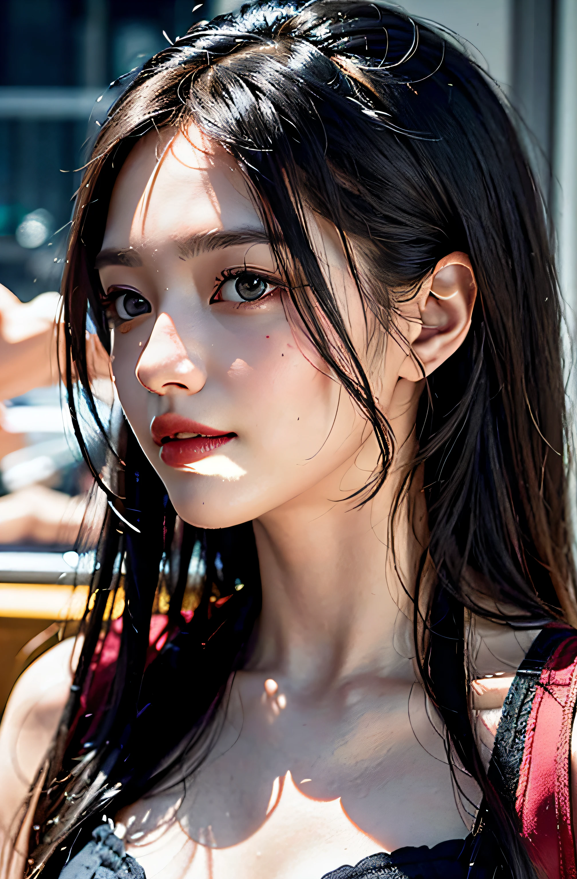best qualtiy、masterpiece、photoRealstic、intricate-detail、Raw foto、Photon Rendering、Octane Rendering、absurderes、ultra-detailliert、A detailed face、Detailed skin、Trending in art stations、8K Masterpiece、lighting like a movie、( (1girl in))、((独奏) ))、((Behold))、CG Social Trends、Plastic En、((Black Long Hair))、((Beautuful Women))、(A smile)、show the grinps、Upper teeth、Fashionable、summer clothing、Hair that flutters in the wind、((Flowing hair))、fashion magazine、A sexy、((lighting like a movie))、((angling))、