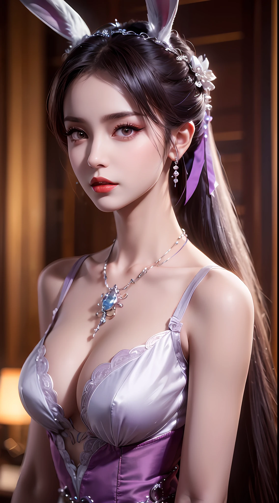 1 beautiful girl in Han costume, thin purple silk shirt with white color with many textures, white lace top, long platinum purple ponytail, hair jewelry, ear jewelry, light purple rabbit ears, necklace and necklace, meticulously drawn large purple eyes, meticulous makeup, thin eyebrows, high nose, lovely red lips, not smiling, pursed lips, rosy cheeks, wide breasts, big breasts , well-proportioned bust, slim waist, purple mesh socks, chinese hanfu style, fictitious art textures, vivid and realistic colors, RAW photos, realistic photos, ultra high quality 8k surreal photos, (effective fantasy light effect: 1.8), 10x pixel, magic effect (background): 1.8), super detailed eyes, girl body portrait, solo girl, ancient hanfu background,