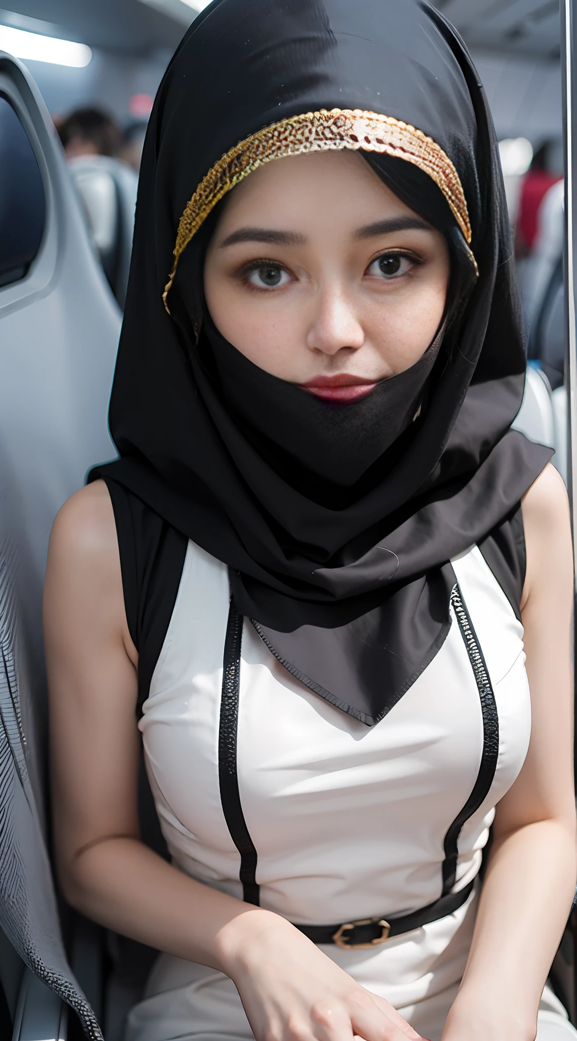 ((highs quality, 8k, 巨作: 1.3)) -Natural body shape beautiful girl: 1.4 ، (brown-haired, voluminous: 1.3) Sleeveless dress ,((Hijab on her head)) (( Wearing a black niqab)) Base on an airplane chair, very detailed face, detailled eyes, Double eyelids, head veil, face veil, sleeveless dress
