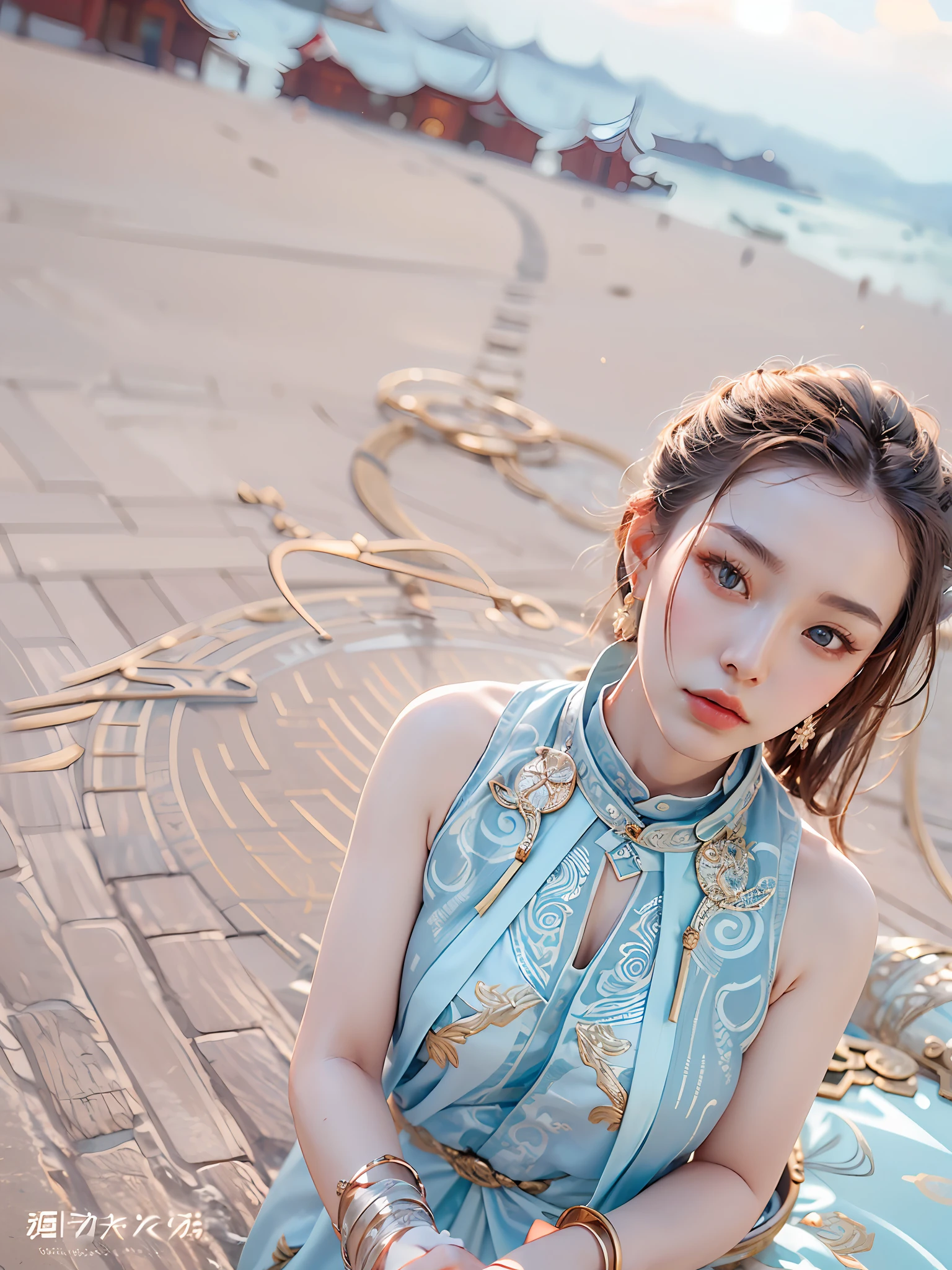 Best quality,masterpiece,ultra high res,(photorealistic:1.4),xiuxian,weapon,Detailed face,
1girl,solo,weapon,cleavage,(magic circle:1.2),xiuxian,upper body,Beautiful girl,full body,east asian architecture,sheath,architecture,