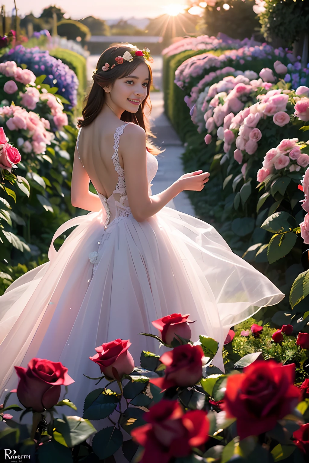 ((((Depth of field))),((((Sunset backlit),((Slim body)))),20 years old, twilight rays, lace wedding dress, flower crown, (((Rose tunnel))), rose front blur, bokeh, photorealistic, surrounded by colorful roses, ((smiling)))))), (mouth closed)))),(1 girl), ( Sunset:1.3), (8k, RAW photography, best quality, masterpiece:1.2), (realistic, photorealistic:1.37), best quality, ultra high resolution,(standing in a flower garden:1.3), (vivid and colorful:1.3)