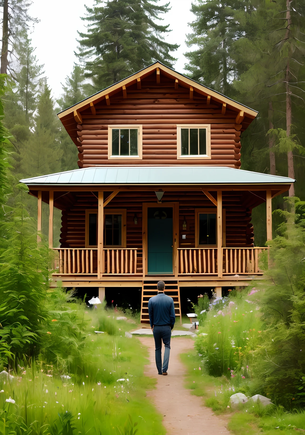 Small yard，wooden cabin，towering trees，Green vegetation，A man who entered the house