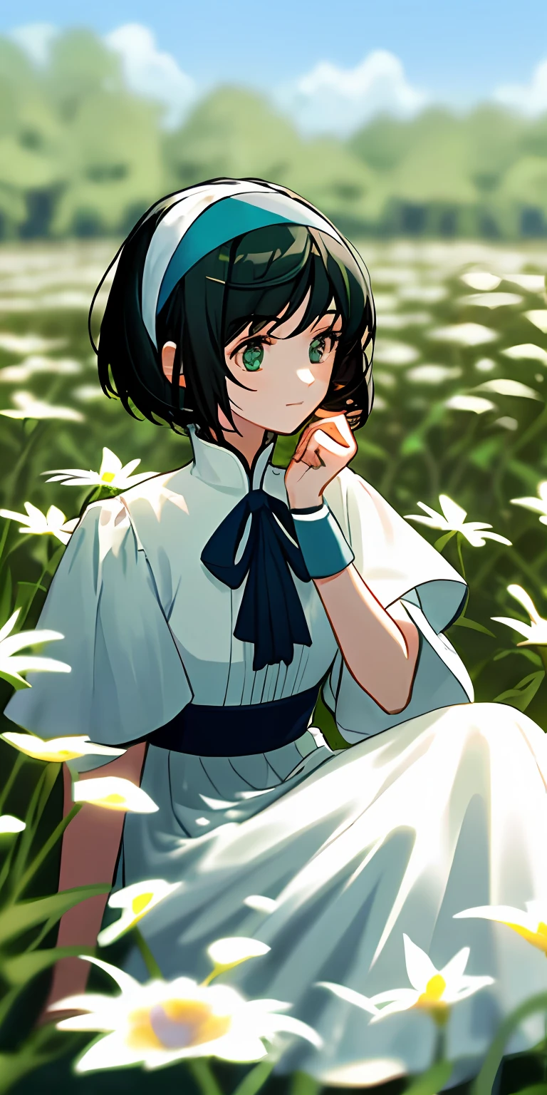 （tmasterpiece，best qualtiy），1 girl with short hair and black hair sitting in a field of green trees and flowers，her hand under her chin，warmly lit，white dresses，He wears a sky-blue headband on his head，Blurred foreground