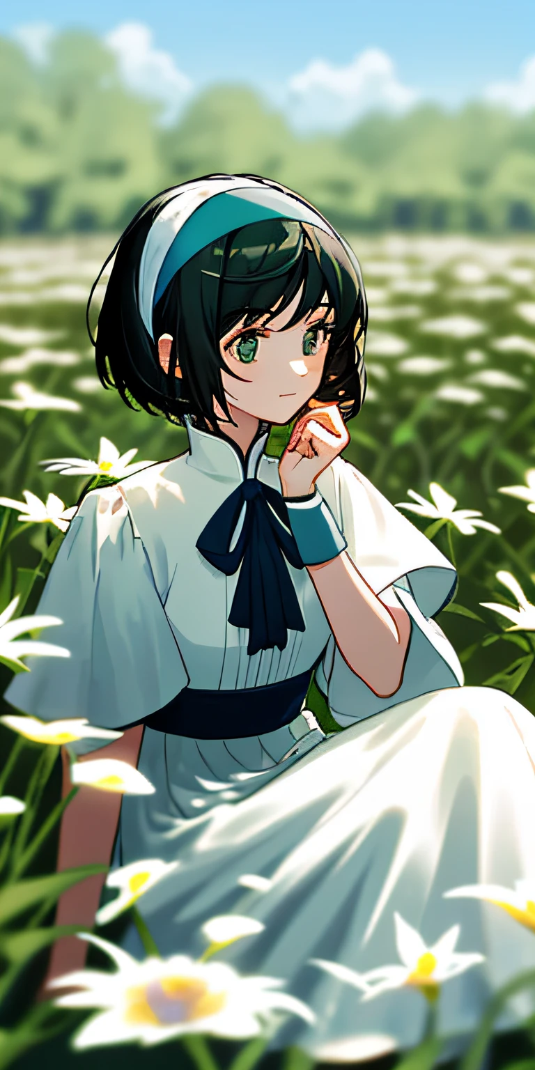 (tmasterpiece,best qualtiy),1 girl with short hair and black hair sitting in a field of green trees and flowers,her hand under her chin,warmly lit,white dresses,He wears a sky-blue headband on his head,Blurred foreground