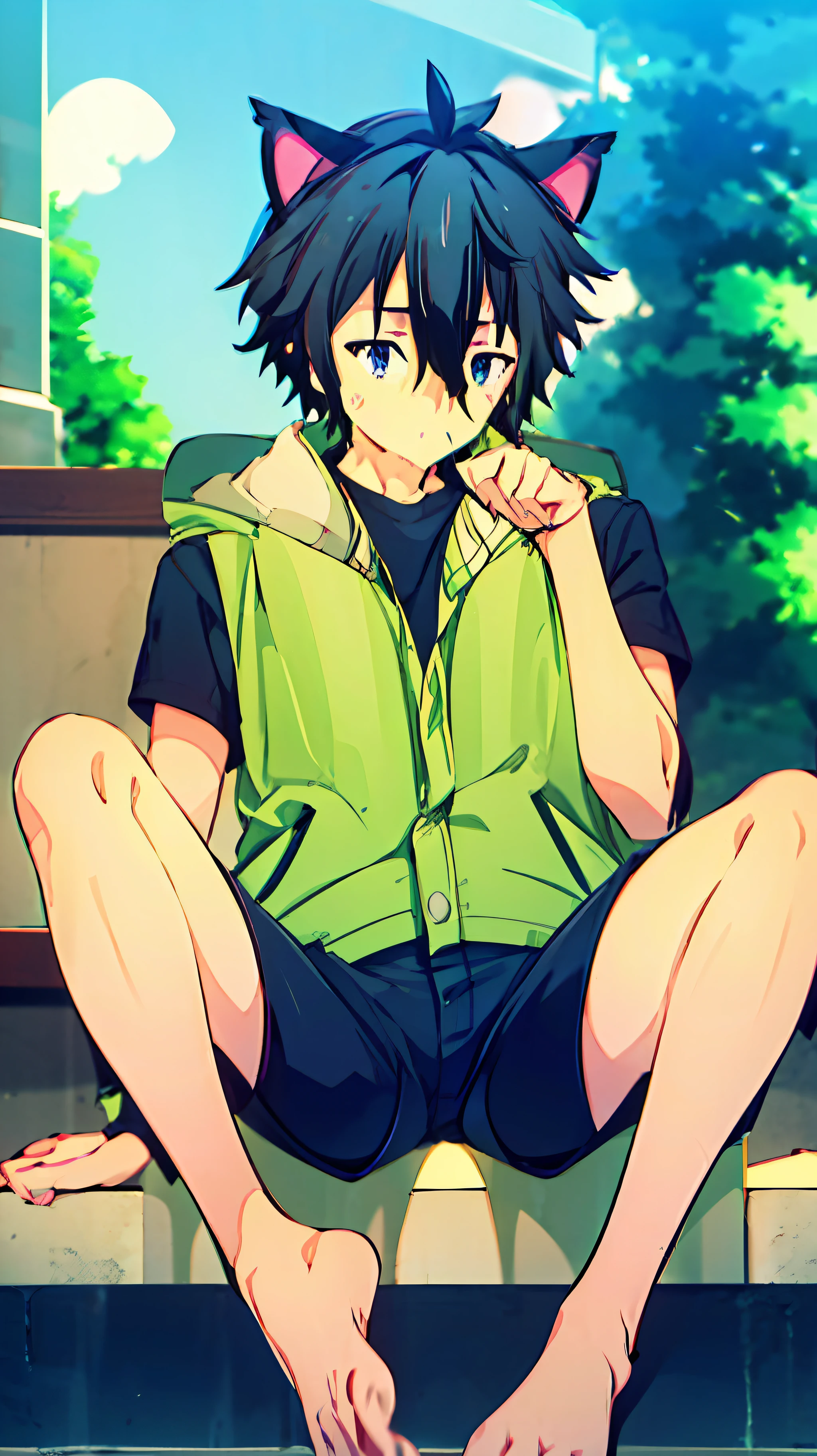 A boy strokes his ,He wears cat ear headphones barefoot,Sitting on the beach watching another boy,blue hair,eBlue eyes,Shorts with short sleeves