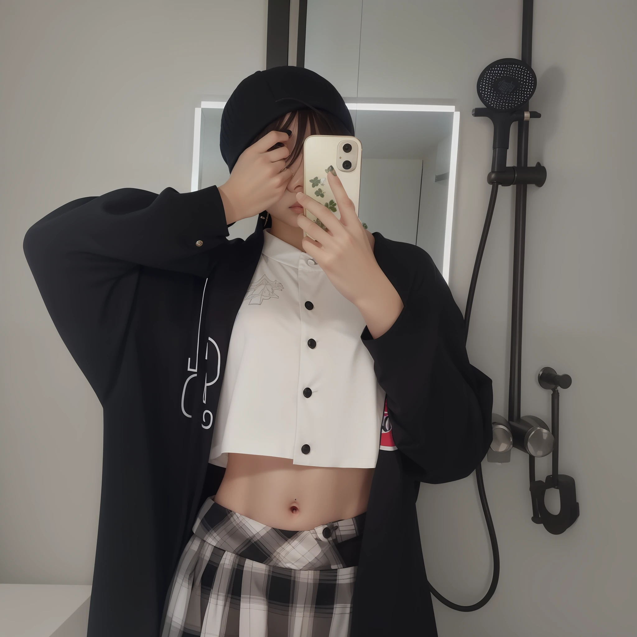 there is a woman taking a selfie in a bathroom mirror, outfit photograph, ulzzangs, cropped shirt with jacket, She is seen wearing streetwear pieces, wearing a crop top, high-quality photo, high-quality photo, half body crop, croptop, wearing a crop top, Kantai collection style, wearing japanese techwear, Male Urzan, Her navel was exposed