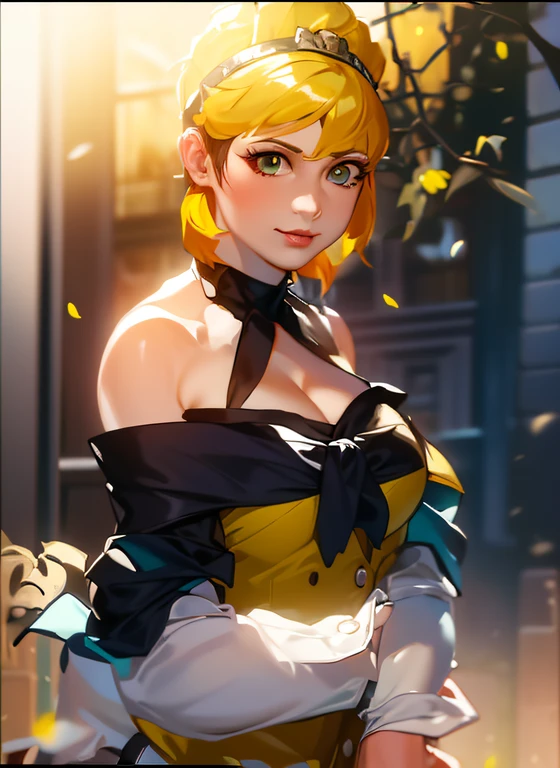 a close up of a woman in a yellow dress posing for a picture, young beautiful amouranth, faye valentine, Anime girl cosplay, amouranth as a super villain, amouranth, Anime cosplay, Yellow hair, mais conhecido como Amouranth, Anime girl in real life, Yellow and black, with yellow cloths, as an overwatch character