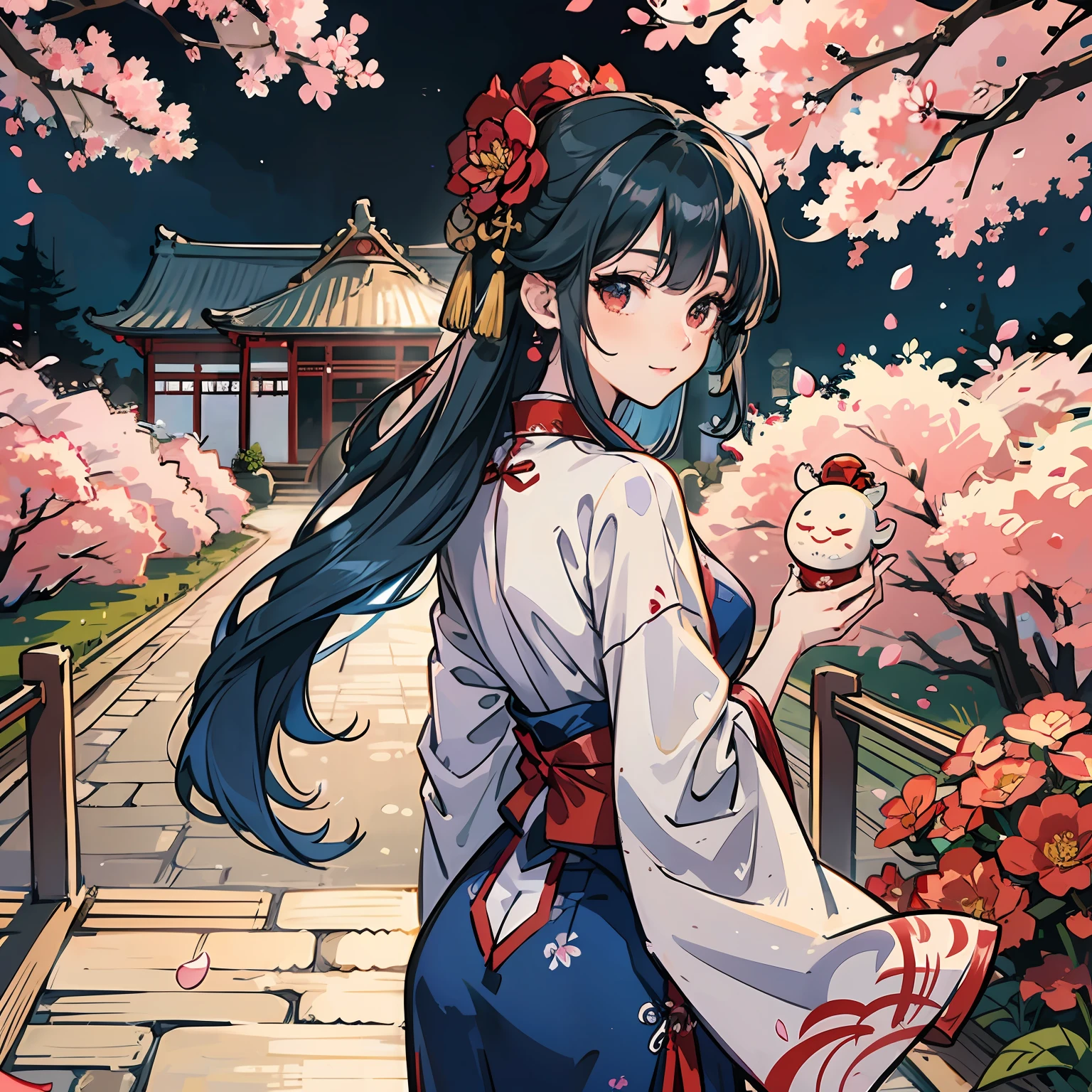 schoolgirls,Stand up,blue hair,back to look back,Next to him is a red Chinese dragon,There is a Chinese house in the back,the night,Two-dimensional models,Cup-shaped smiley,adolable,Take a Chinese fan,Wearing Chinese clothing,Red and white,Two-dimensional model ,Stand under the cherry blossom trees,sakura flowers falling --auto
