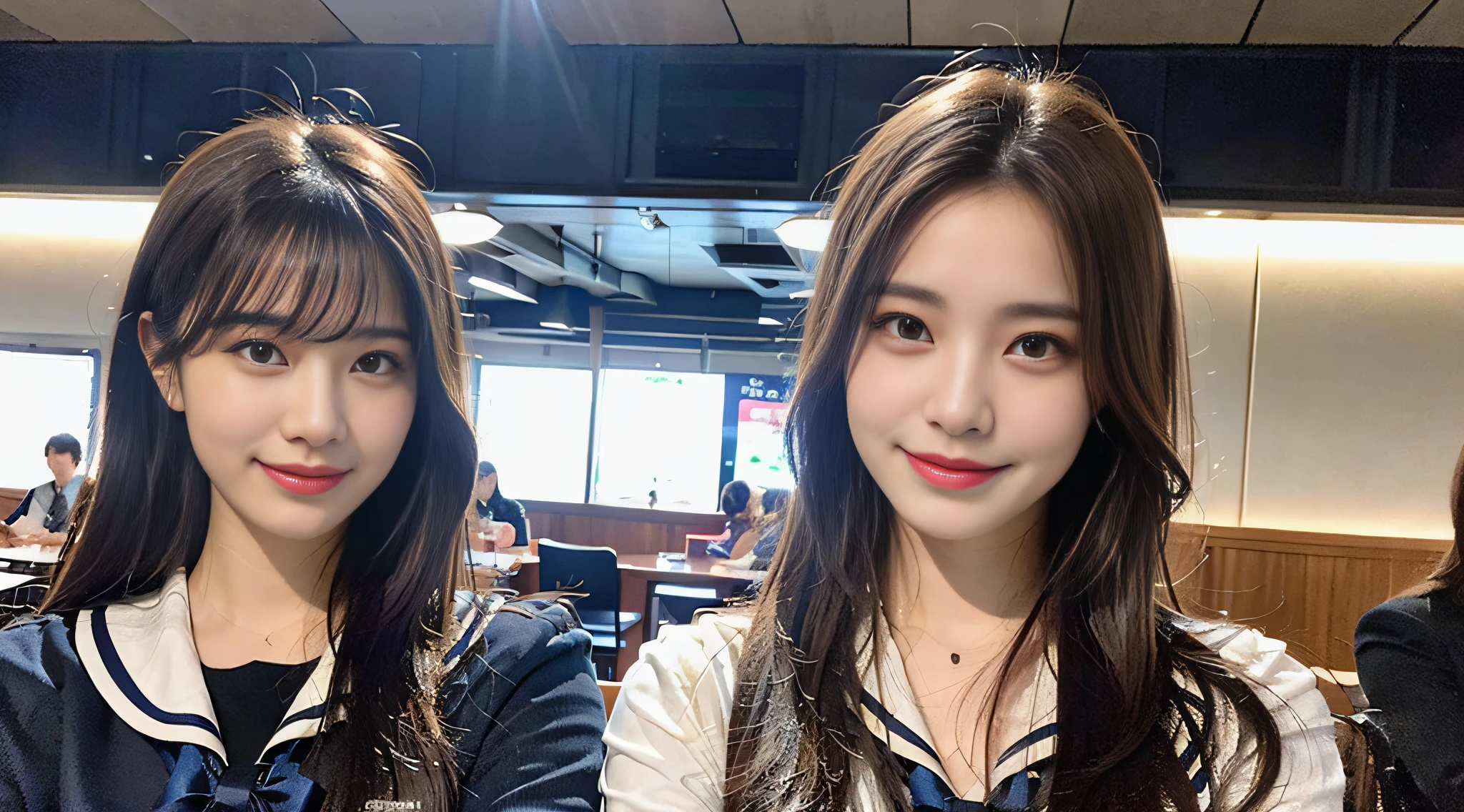 (8K、Raw photography、top-quality、masterpiece:1.2)、ultra-detailliert、ultra res、(realisitic、Real Photographics:1.47)、(Reading in an Internet café)An Internet café full of heart、Heart pattern(Fantastic lighting)Schoolgirl with a book、Holding a book in both hands、read a book、head to waist、Watching a book、de pele branca、Fair-skinned female proofreading、An ultra-high picture quality、、Beautiful female proofreading reflecting in light、amazing detailed、Beautiful girls in very detailed、Faces with different patterns、Different face patterns、Each hairstyle has its own characteristics、Farbe々Hairstyle、Farbe々Hair color shining with clean light、I enjoy fishing on a boat、Brown hair shining in the light、One has a ponytail、、Modern cute high school girl、very detailed faces very detailed eyes、Very realistic skin、 extremely detailed fingers, highly detailed nose, highly detail mouth, perfect anatomia, Highly detailed sailor suit、、The details of their hair and uniforms shine through、Burning teeth and smiling、Realistic body, de pele branca, glistning skin, Slim body, Long straight hair, (Blunt bangs:1.2), , nixeu and sakimichan, TWICE, Seifuku, sakimichan, JK Uniform, wearing japanese school uniform, promo still, Larisa Manobal, Japan school uniform, japanese girl school uniform, alena aenami and lilia alvarado