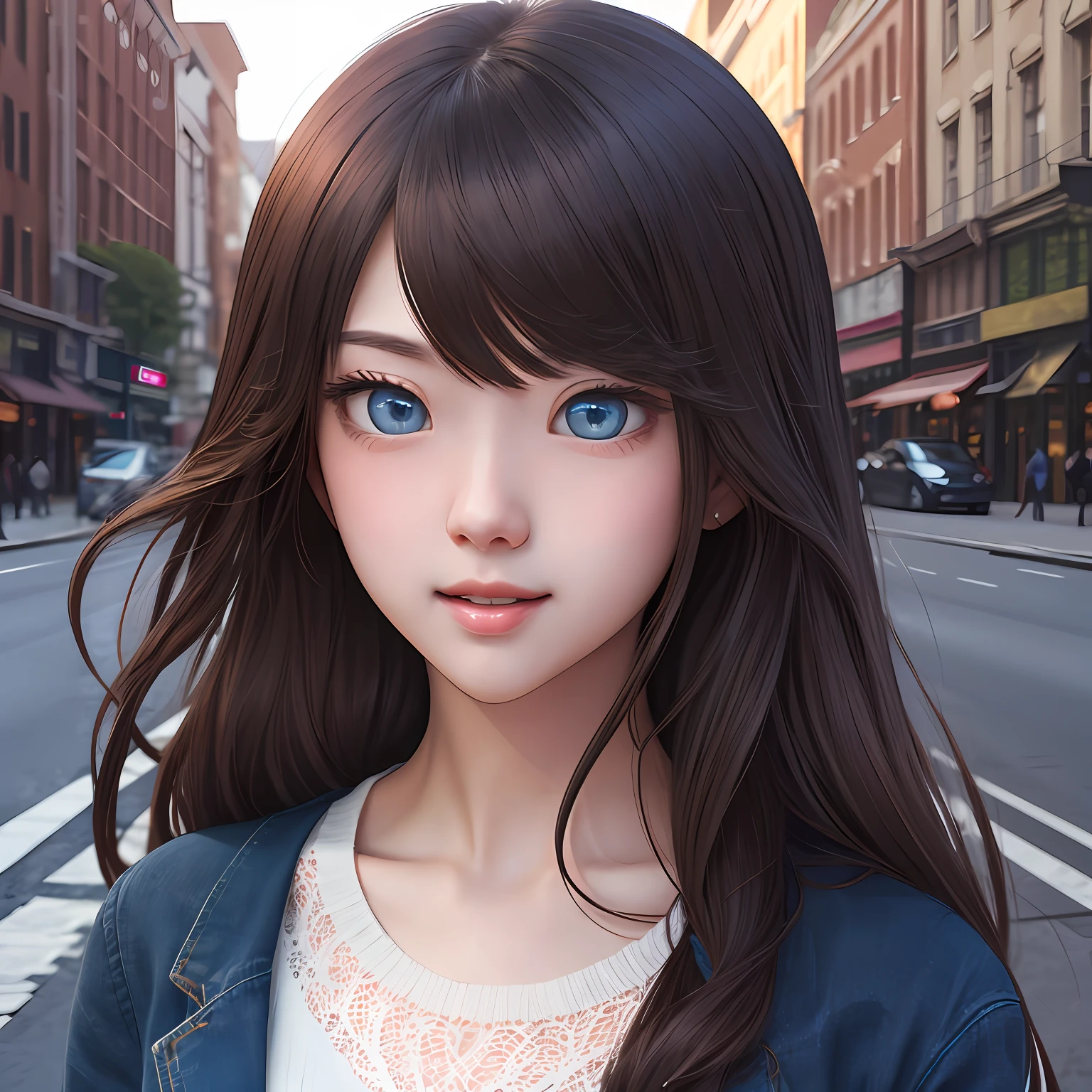 a portrait of woman,On the street,(Delicate and beautiful face),(Delicate beautiful and excited eyes:1.1),(Pleasant mouth),(blue color eyes),(collofull eyes),Shawl hair,dark blue long hair, (真实感:1.6),tmasterpiece,hyper qualit,exceptionally detailed,(超高分辨率) --auto