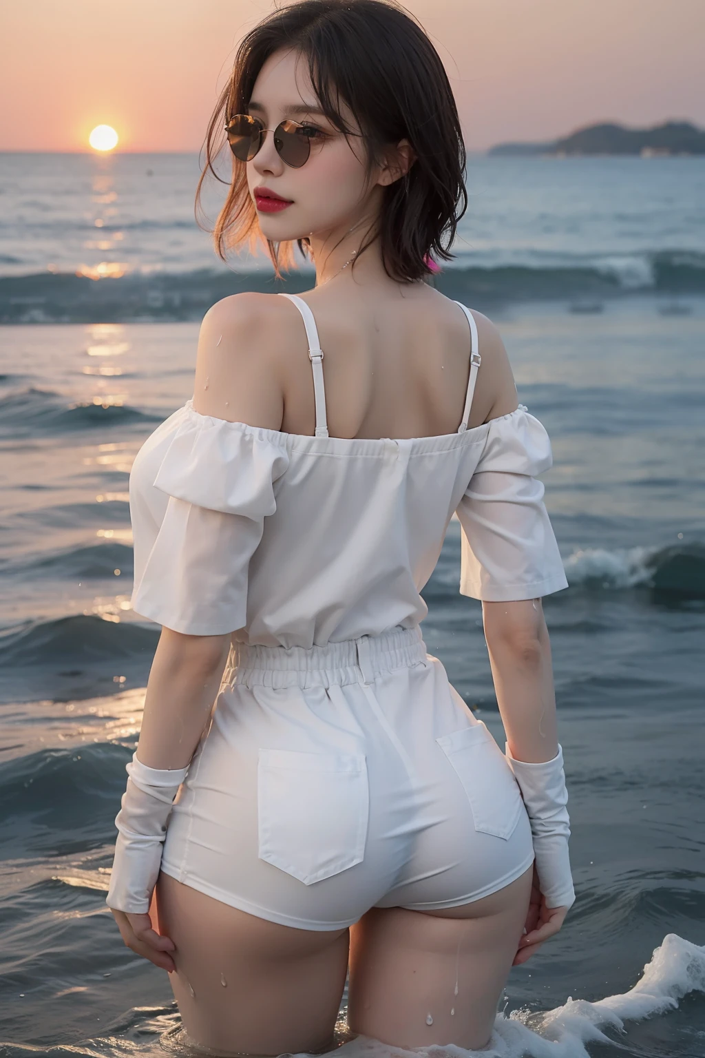 best quality, (masterpiece:1.4), (photorealistic:1.4), detailed eyes, detailed face, detailed hair, 1girl, full body, li face, white skin, brown eyes, pink lips, short multicolored hair, off-shoulder white thin shirt, white short thin pants, (wet:1.4), (big breast:1.1), (big ass:1.2), back view sexy pose, at sea, sunset, colored inner hair, sunglasses, raised eyebrows, fingersmile, Social realism, award winning, 8k
