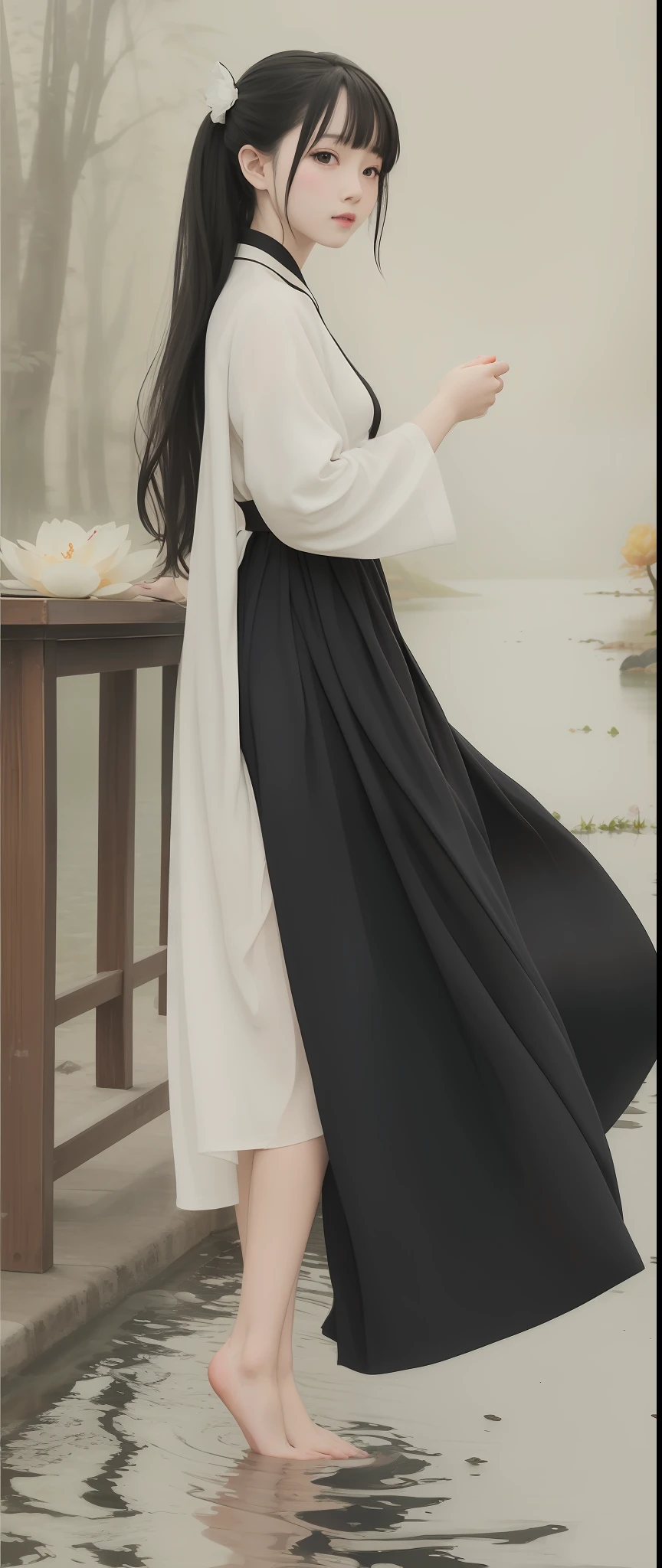 ((4k,masterpiece,best quality)), shuimobysim, Traditional chinese painting, lotuses, Hanfu, maxiskit, Dress conservatively 1girl, solo, Long black hair, ssmile, standing on your feet, Feet in the water, The barefoot,Slender,Gentle
